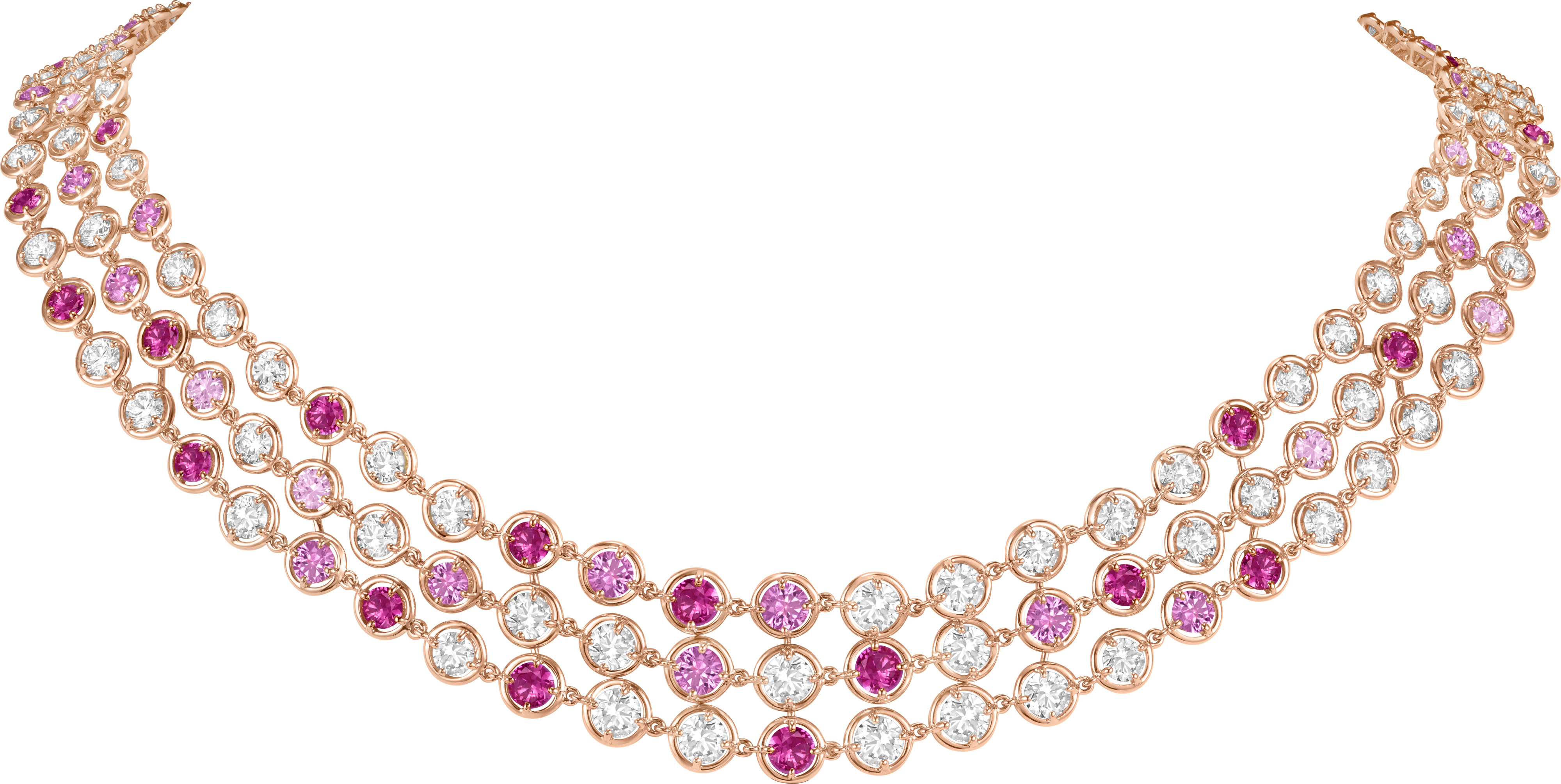 Palmyre項鍊，3行設計（玫瑰金、粉紅色藍寶石、鑽石）。（Van Cleef & Arpels提供）       