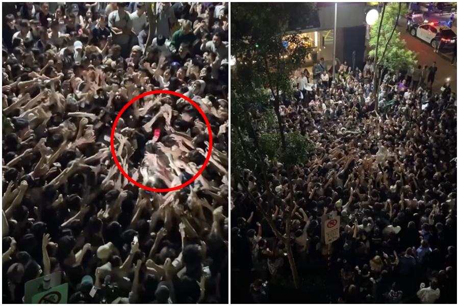 網紅「Mr.R」（紅圈處）昨晚在信義區大撒錢引發上千人推擠，場面失控險些釀成礤踏意外。（翻攝自臉書）