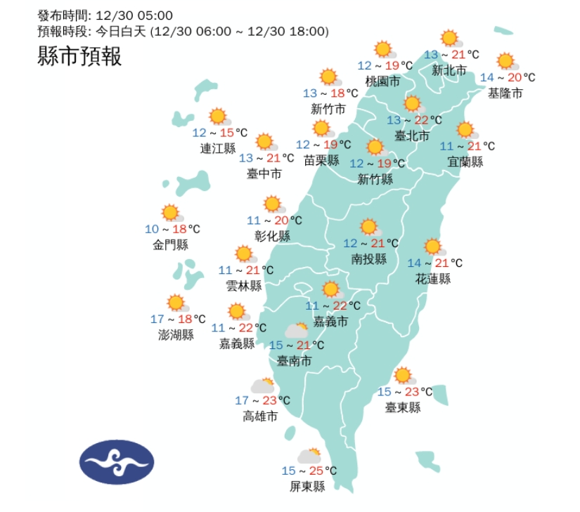 中央氣象署說明今日白天各地天氣。（翻攝自中央氣象署官網）