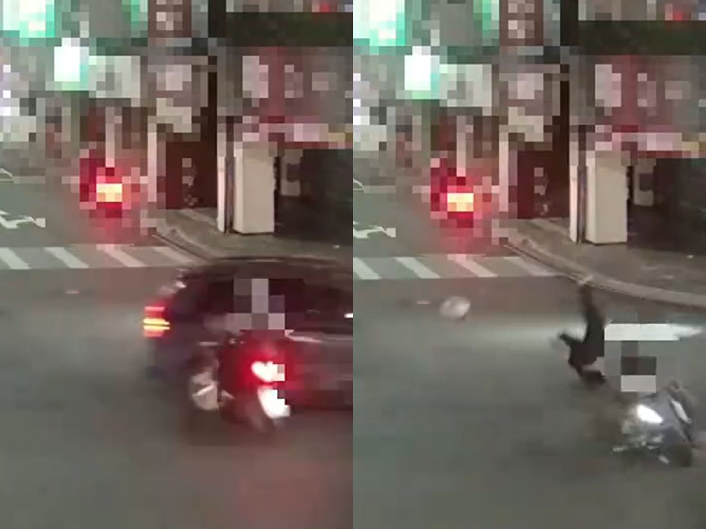 休旅車在三重區重新路左轉正義南路，因急切左轉，對向的19歲的伍姓機車騎士高速撞上，造成伍男騰空翻轉重摔。（翻攝畫面）