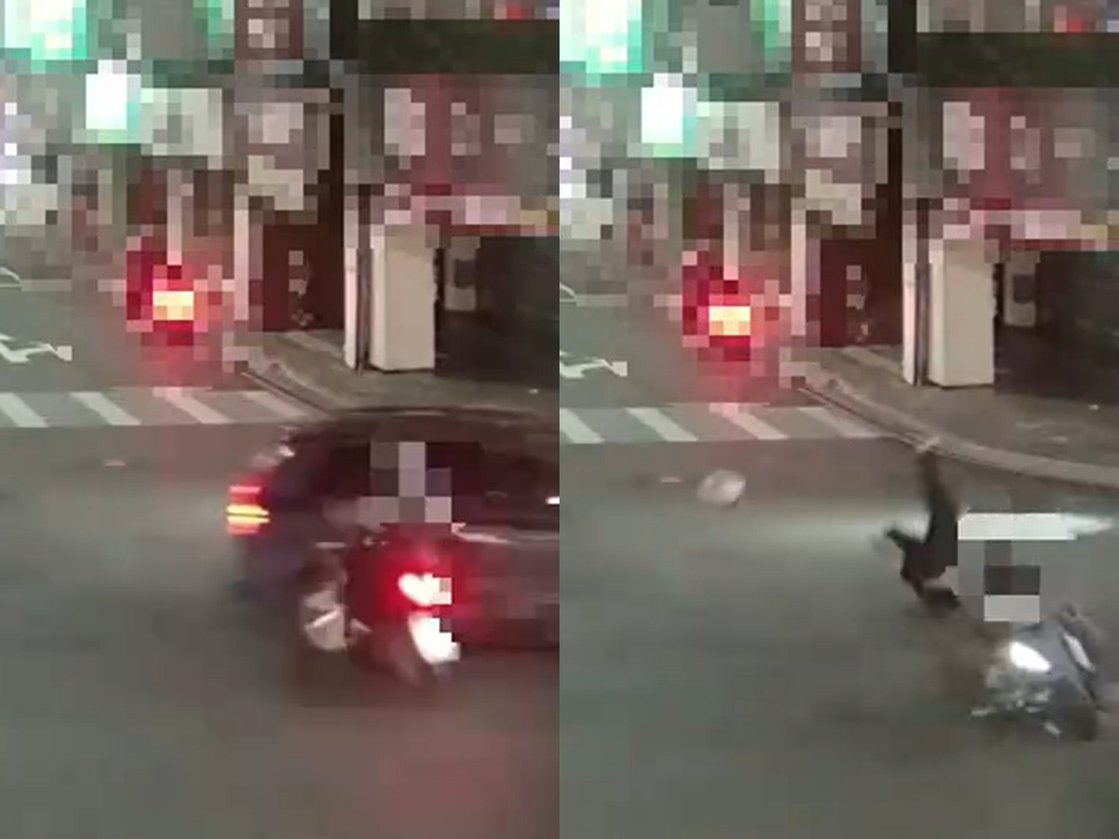 休旅車在三重區重新路左轉正義南路，因急切左轉，對向的19歲的伍姓機車騎士高速撞上，造成伍男騰空翻轉重摔。（翻攝畫面）