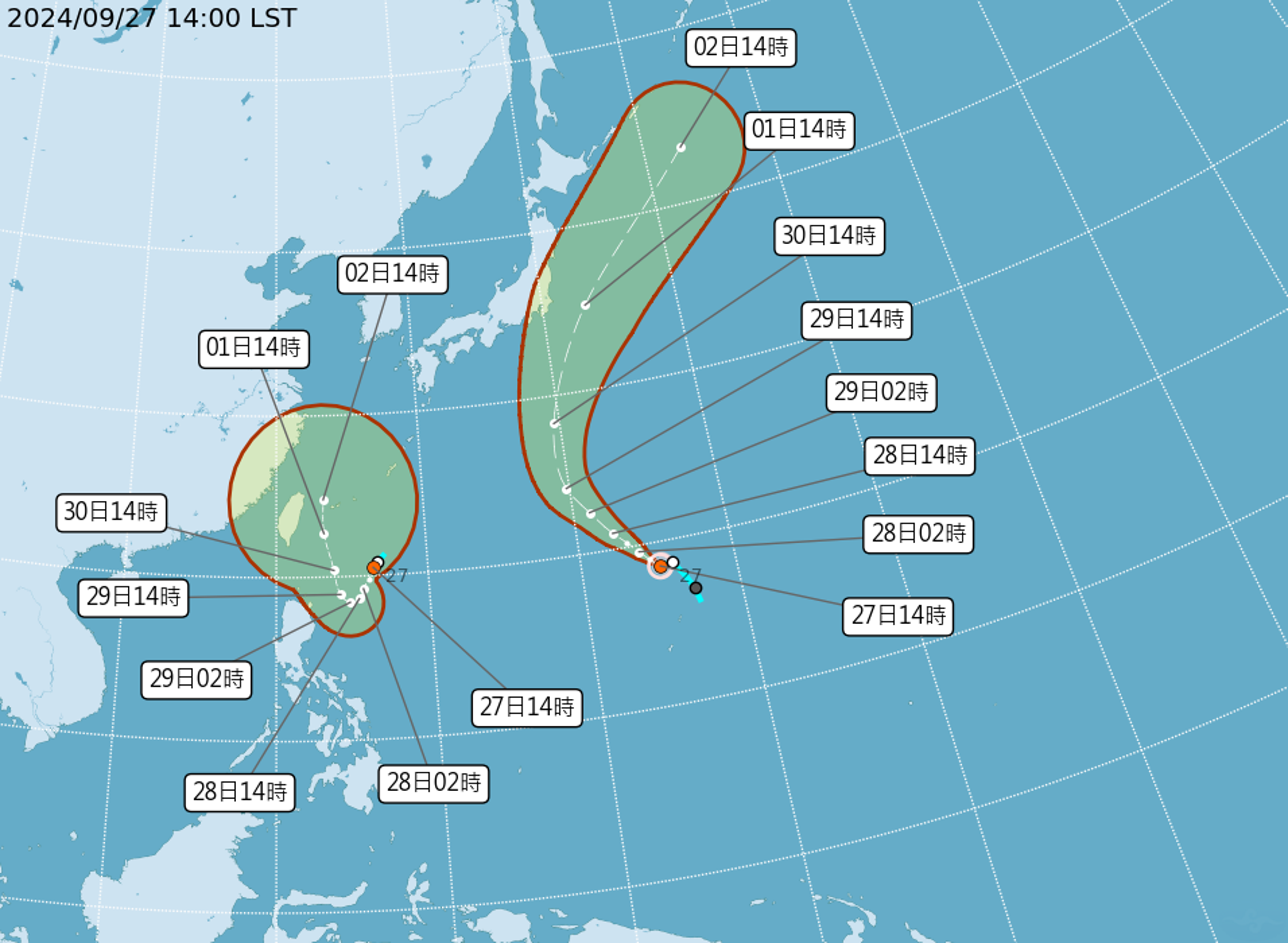 下午生成的燕子颱風（右）將往日本去，值得關注的是熱帶低壓TD22（左）成颱後可能襲台。（中央氣象署提供）
