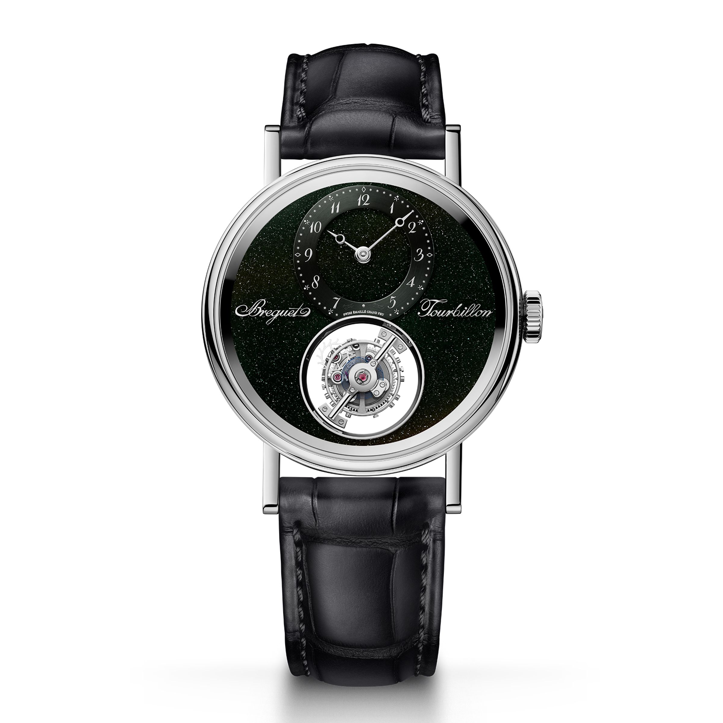 Classique Tourbillon Sidéral 7255｜鉑金材質／錶徑38mm／時、分、小秒指示／陀飛輪裝置／187M1手上鍊機芯／大明火砂金石琺瑯面盤／防水30米／限量50只／參考價NT$7,778,000