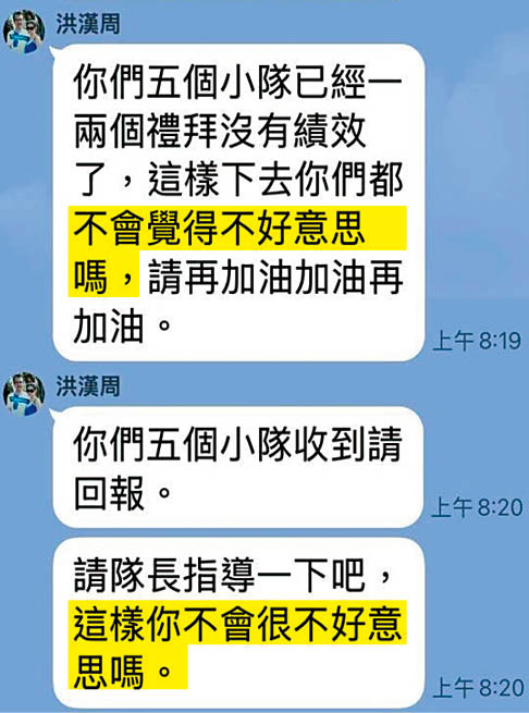 洪漢周一早就緊盯績效，態度逼人，讓基層員警承受極大壓力。（讀者提供）