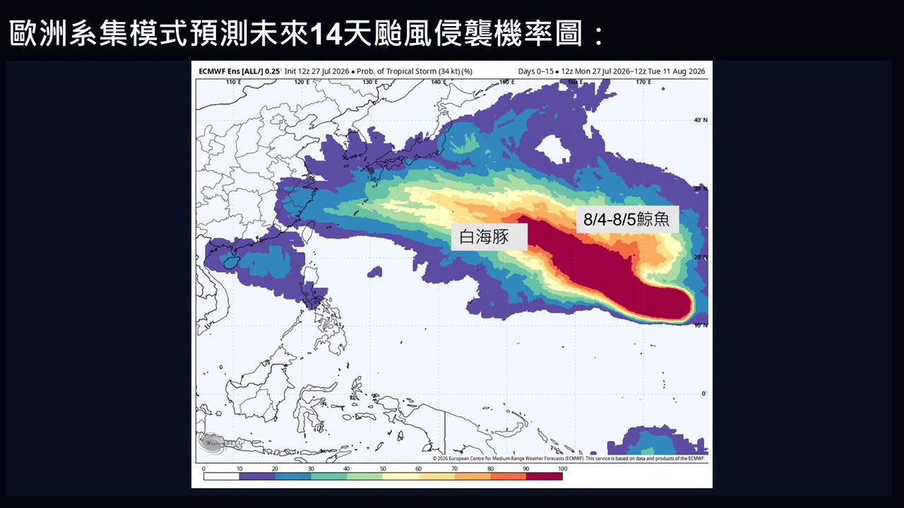氣象專家賈新興指出，白海豚後面可能還有一個颱風「鯨魚」，預估8月4日、5日生成的機率極高。（翻攝自賈新興臉書）