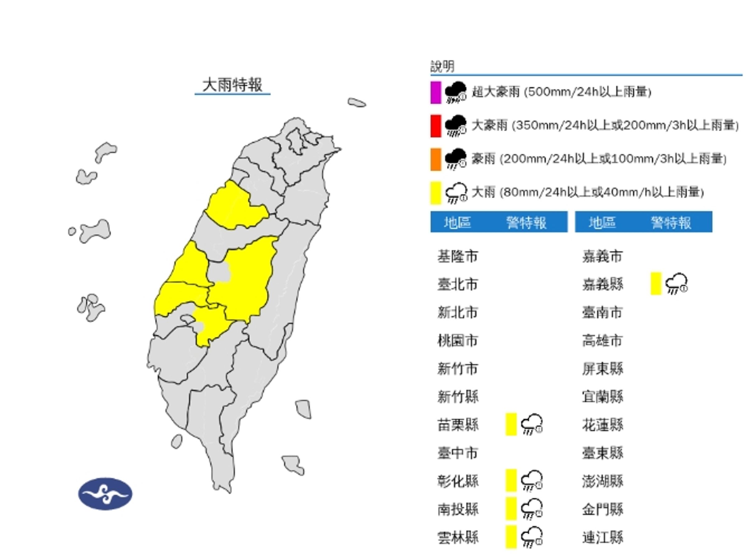 5縣市雨彈來襲。（取自氣象署官網）