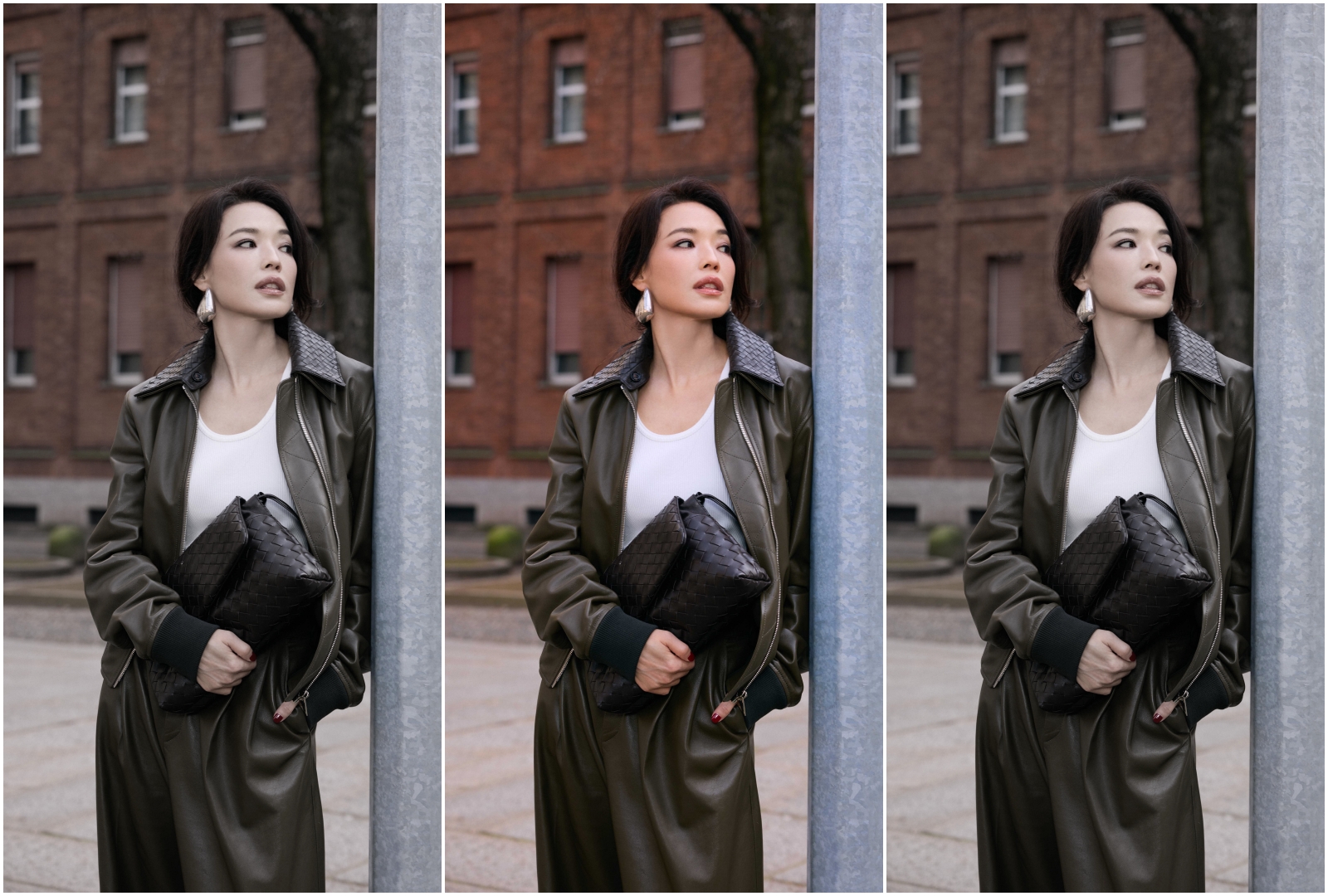 舒淇手持BOTTEGA VENETA GIORNO編織皮革抽繩斜背包現身米蘭街頭。（BOTTEGA VENETA提供）