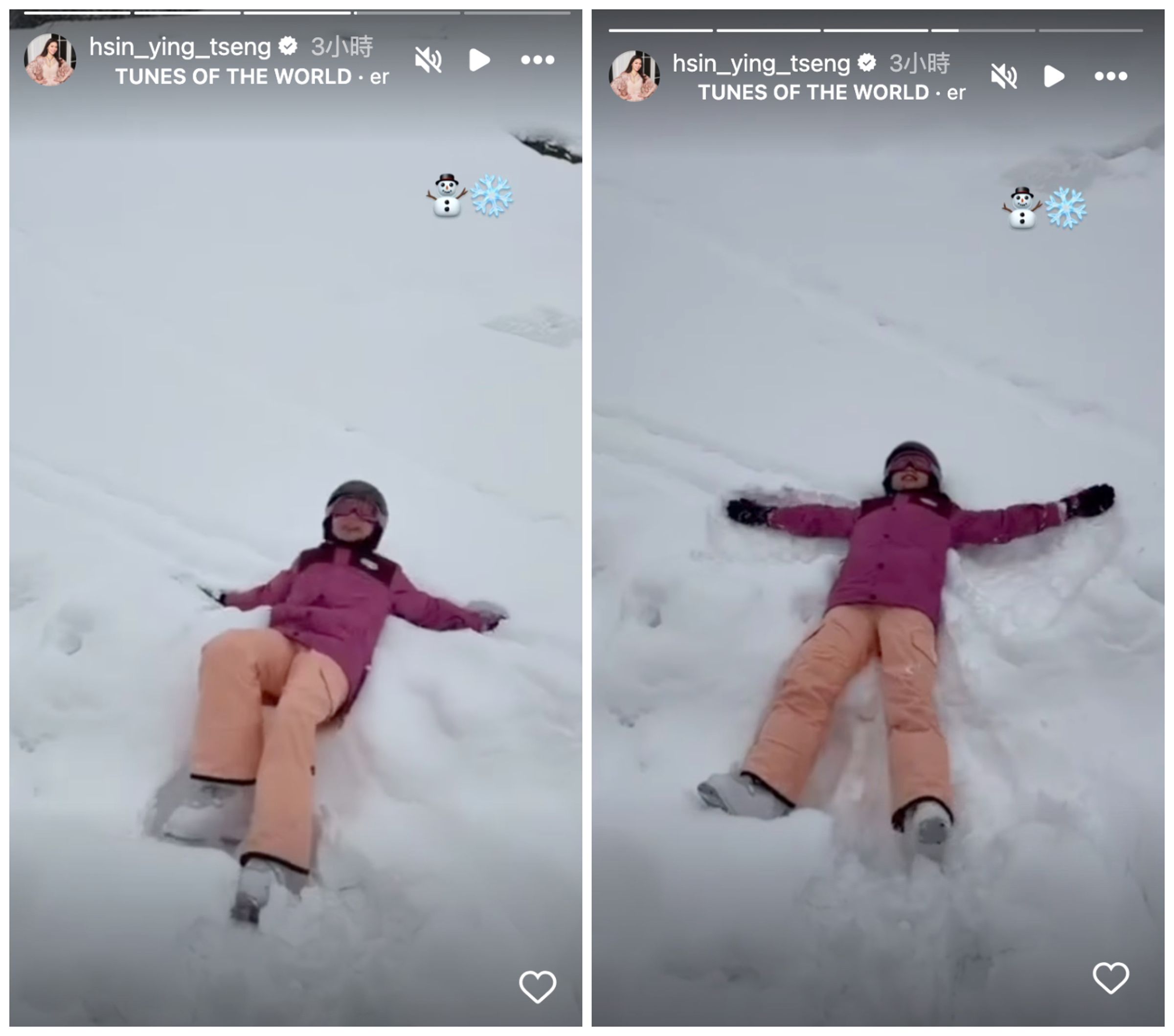 穿粉紅色滑雪裝的小女孩,在雪地裡玩「雪天使」,猜測是曾馨瑩的女兒。(翻攝曾馨瑩IG)