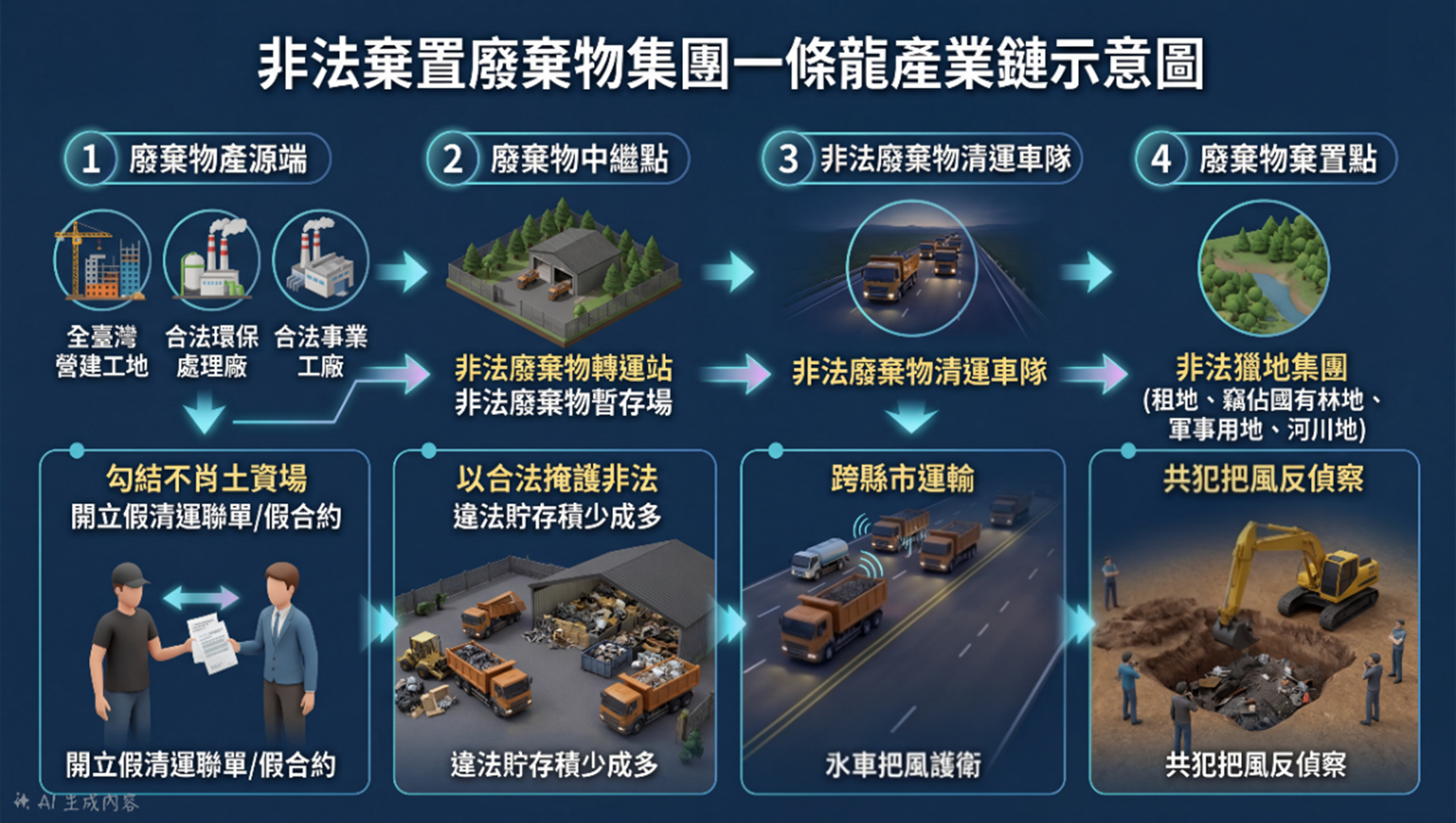 非法棄置廢棄物集團一條龍產業鏈。（台中地檢署提供）
