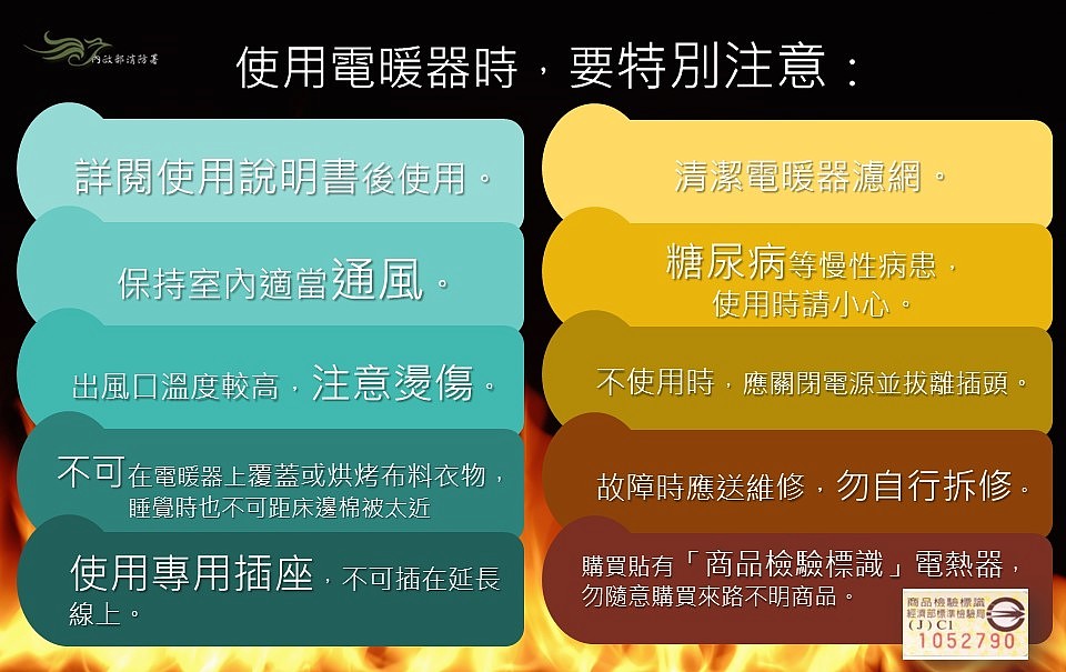 消防署提醒使用電暖器注意事項。(消防署提供)