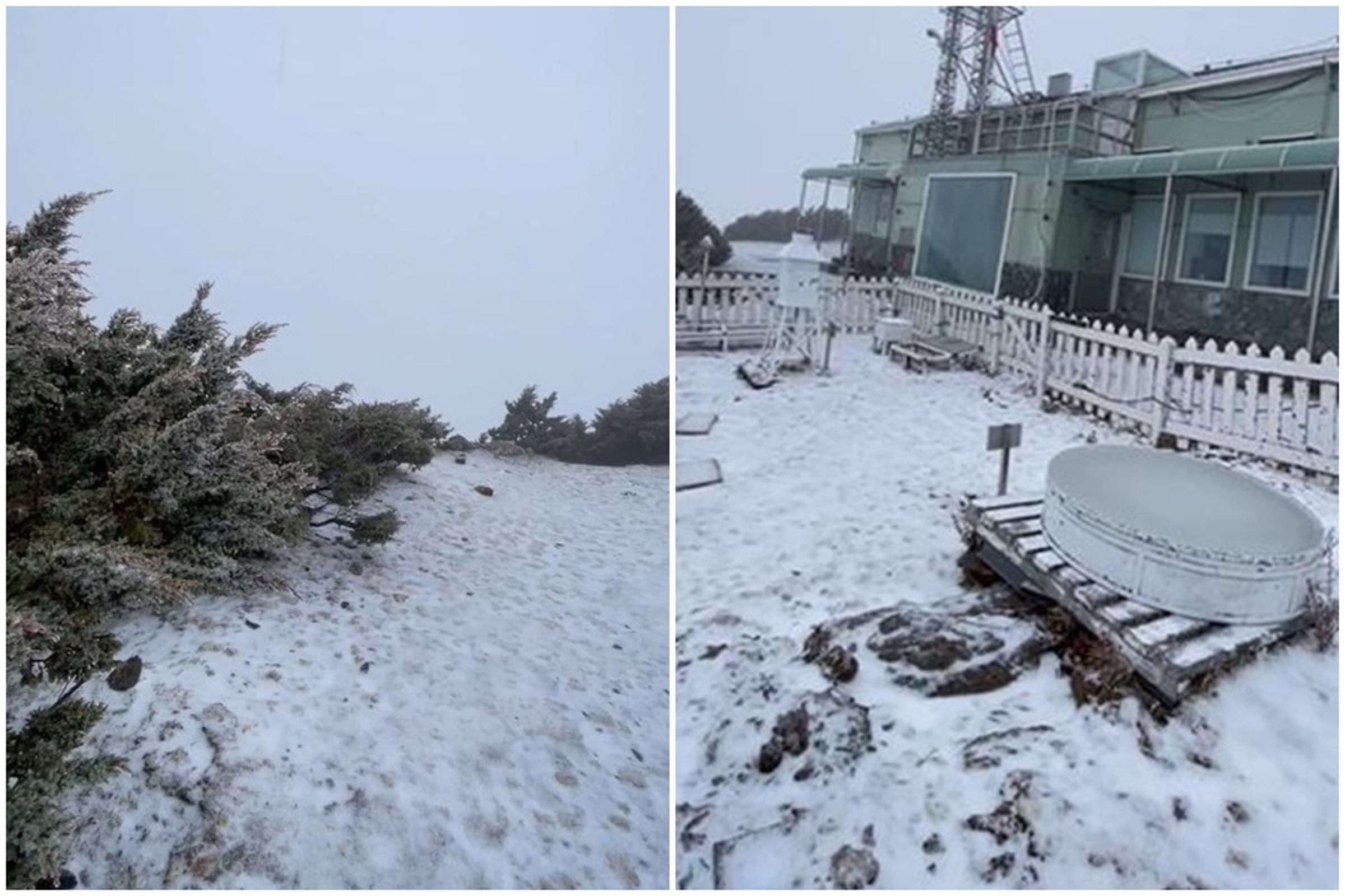 今(15日)在水氣配合下,玉山氣象站今天下午3時50分左右,天空飄下白雪。(翻攝自氣象署)