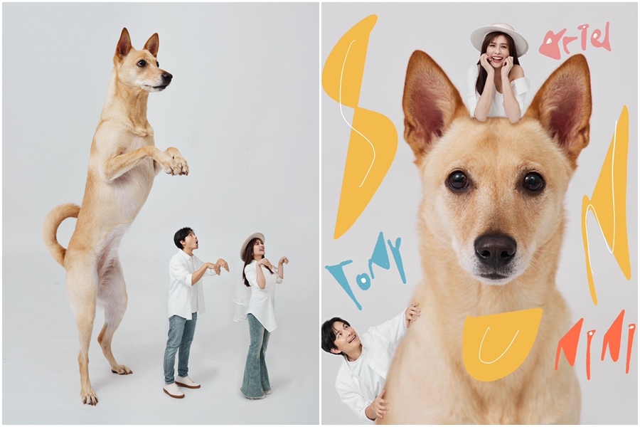 孫協志和夏宇童的婚照非常特別，是將愛犬Nini放大，2人比例縮小，形成有趣的對比。（翻攝自孫協志臉書）