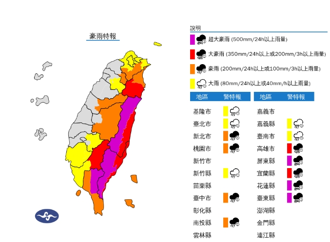 14縣市豪大雨特報。(取自氣象署官網)