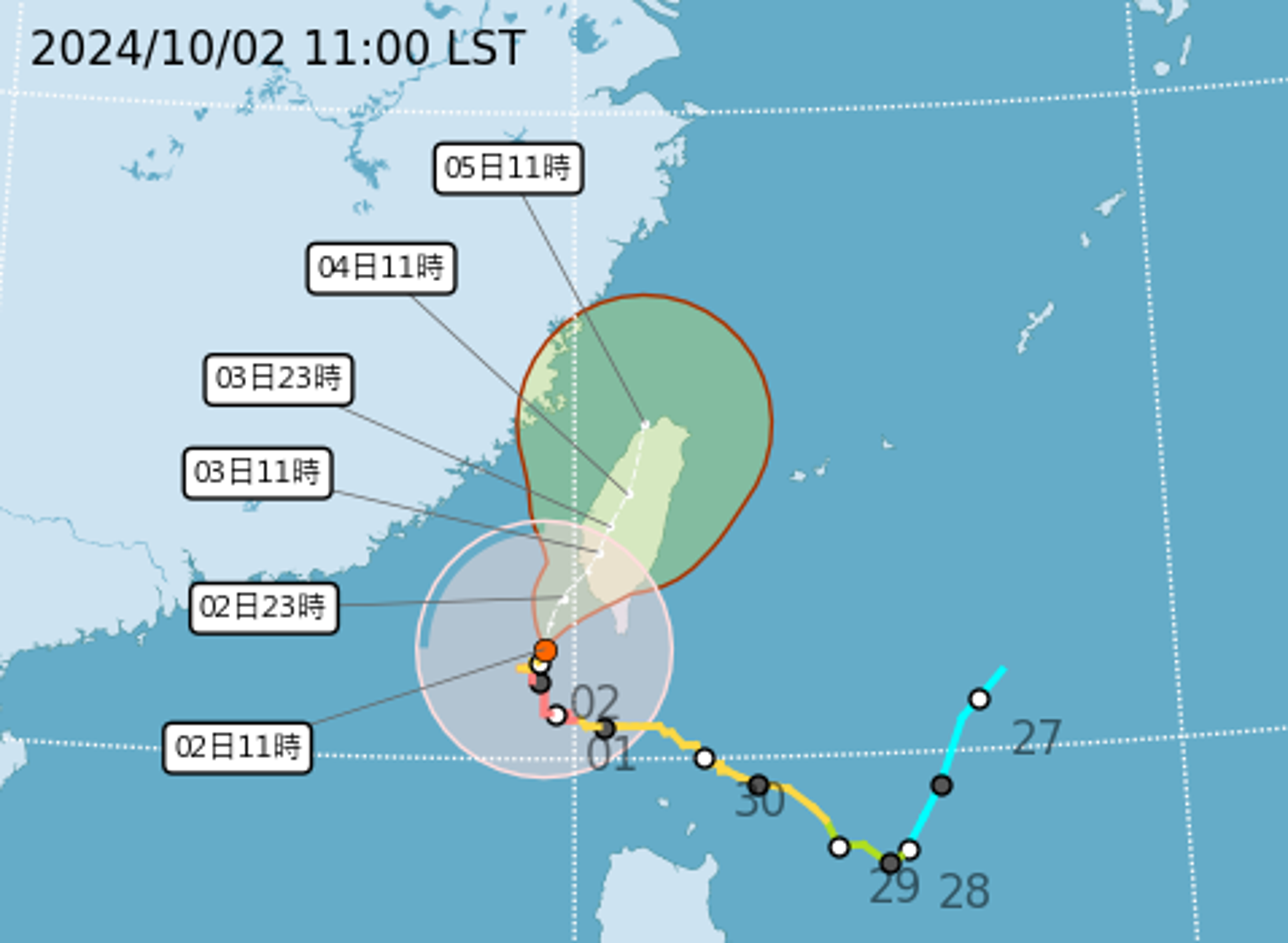 山陀兒其暴風圈已進入雲林以南及臺東陸地,對苗栗以南、南投、花蓮、臺東地區及澎湖構成威脅,預計此颱風強度有持續減弱的趨勢。(翻攝自中央氣象署官網)