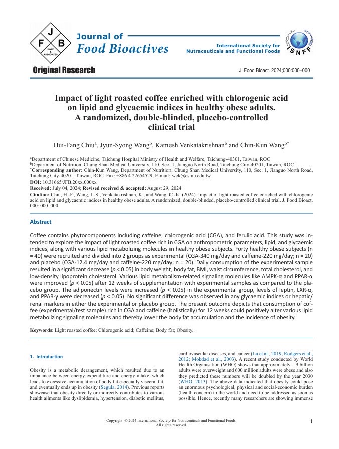 中山醫學大學於國際期刊《Journal of Food Bioactives》發表咖啡裡綠原酸（Chlorogenic Acid, CGA）臨床試驗的健康報告。（中山醫學大學提供）