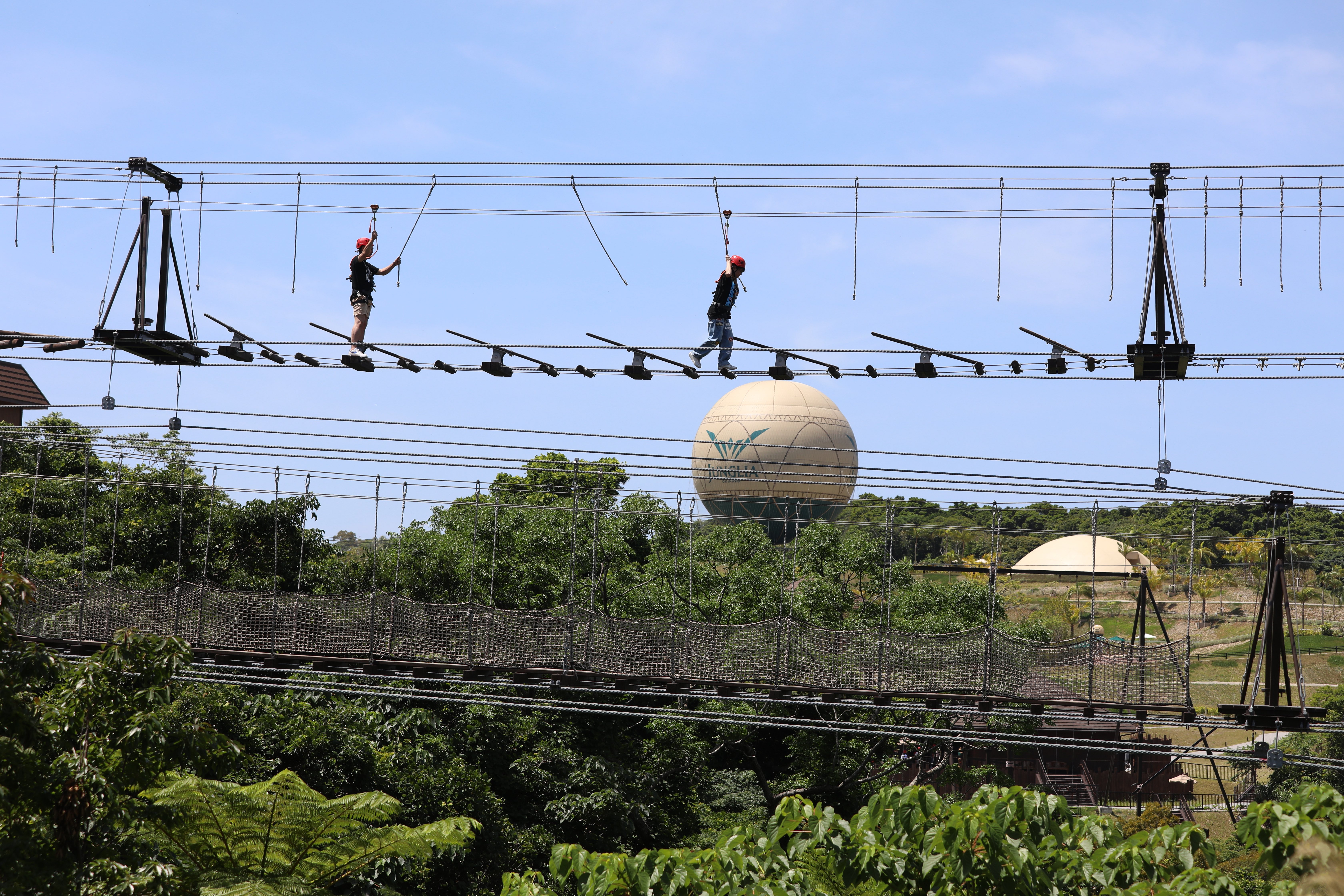 SKY-END TREKKING」高空吊橋全長84公尺、最大高低差約34公尺，走在搖晃橋面心驚膽顫。