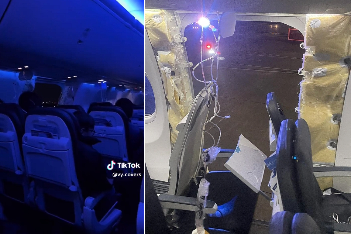 美國阿拉斯加航空的班機飛到一半其中一個艙門竟脫落，班機緊急折返迫降。（翻攝自X）