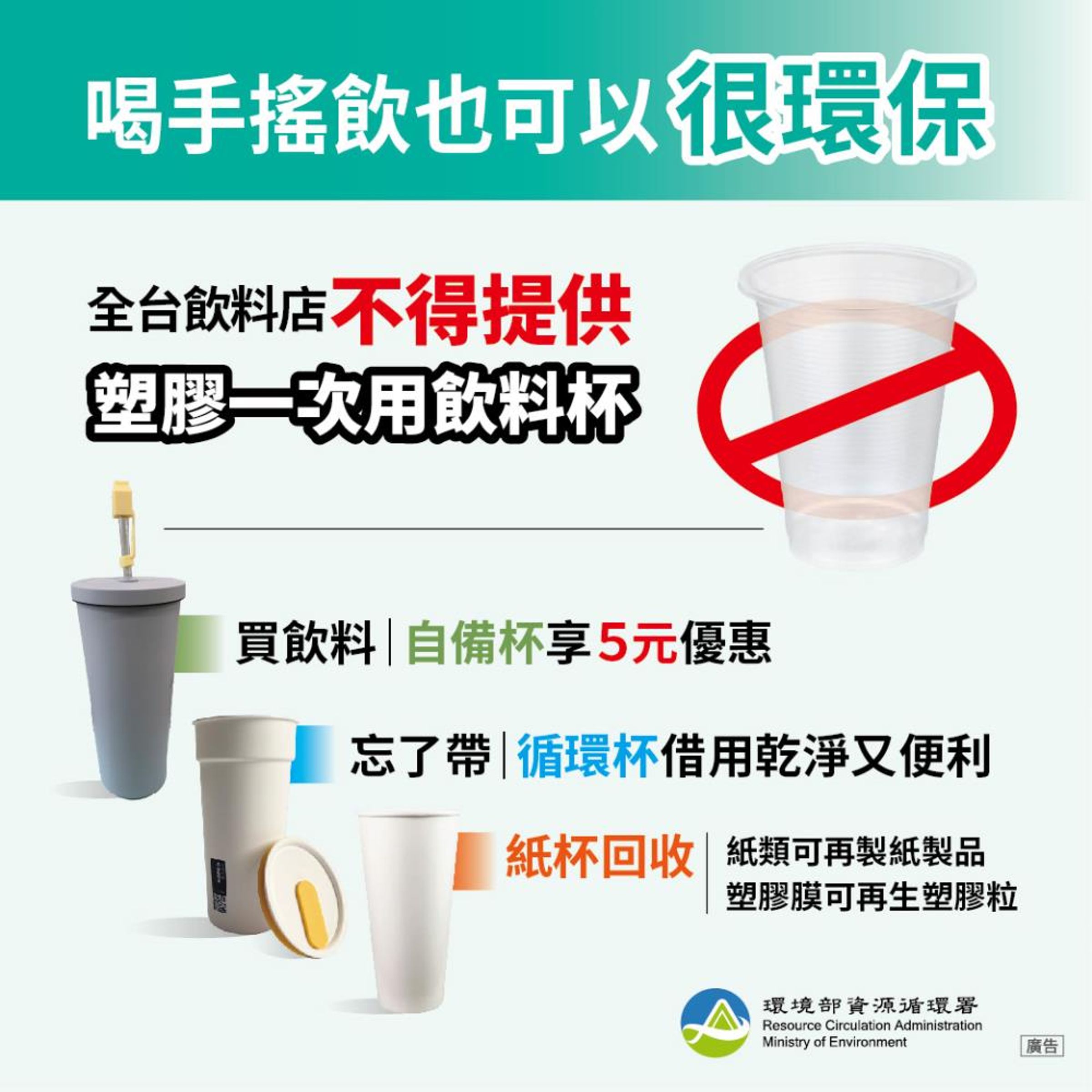 環境部呼籲民眾多使用自備杯,或借用環保杯。(環境部提供)