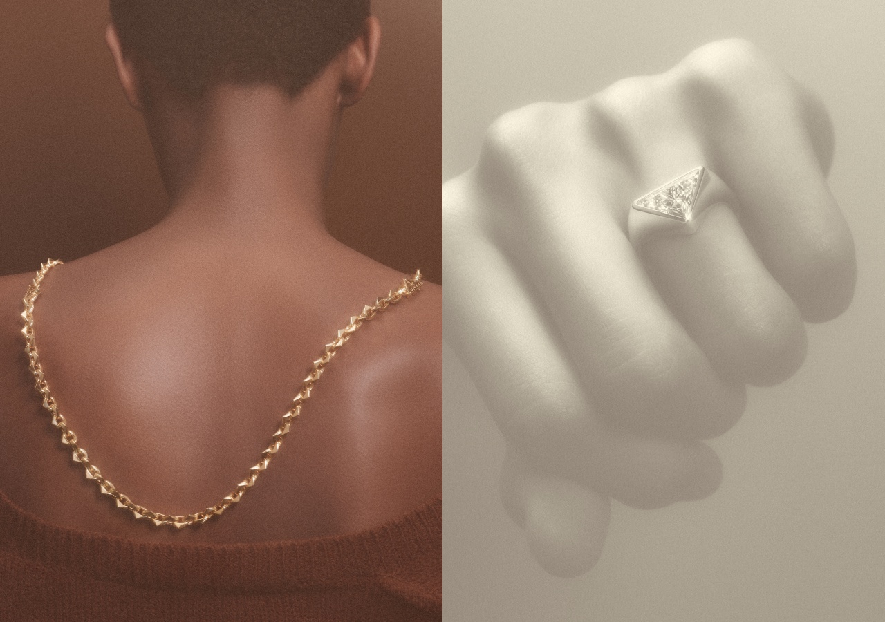 PRADA Eternal Gold（左）PRADA Chains系列、（右）Triangle系列。（PRADA提供）