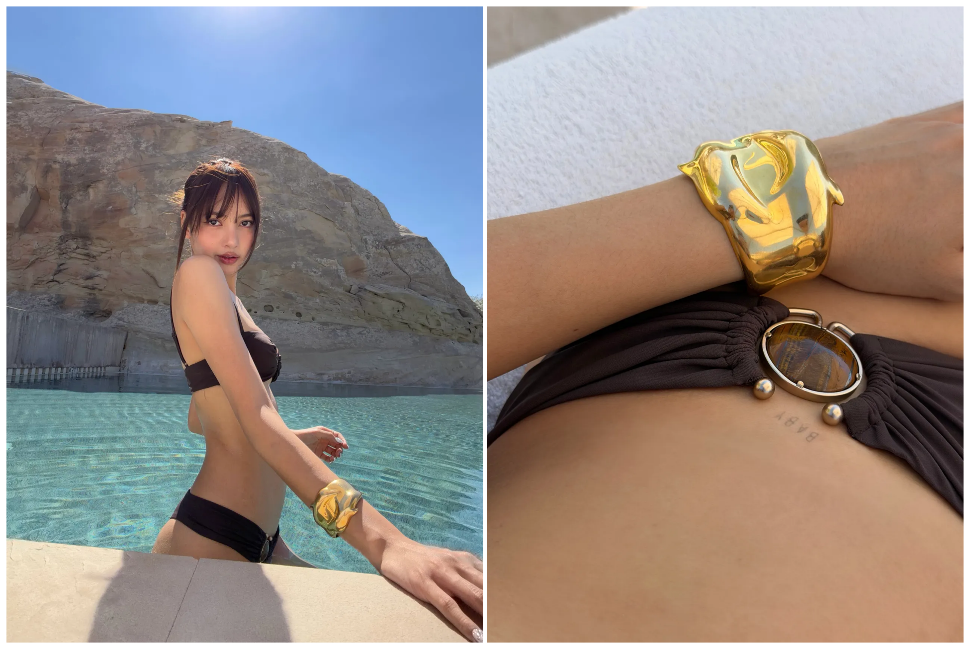 Lisa近日赴猶他度假,在社群曬出比基尼美照,髖骨上的「BABY」刺青首度近距離曝光。(IG)