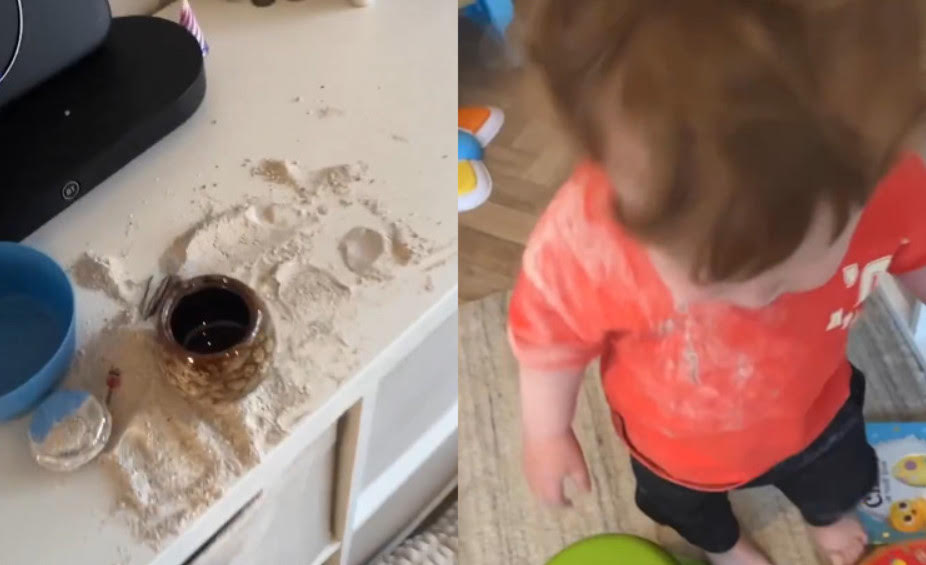 英國一名一歲男童調皮打翻阿公的骨灰罈，把骨灰撒到客廳四處都是，甚至還吃進一點骨灰。（翻攝X@RudawKurdi）