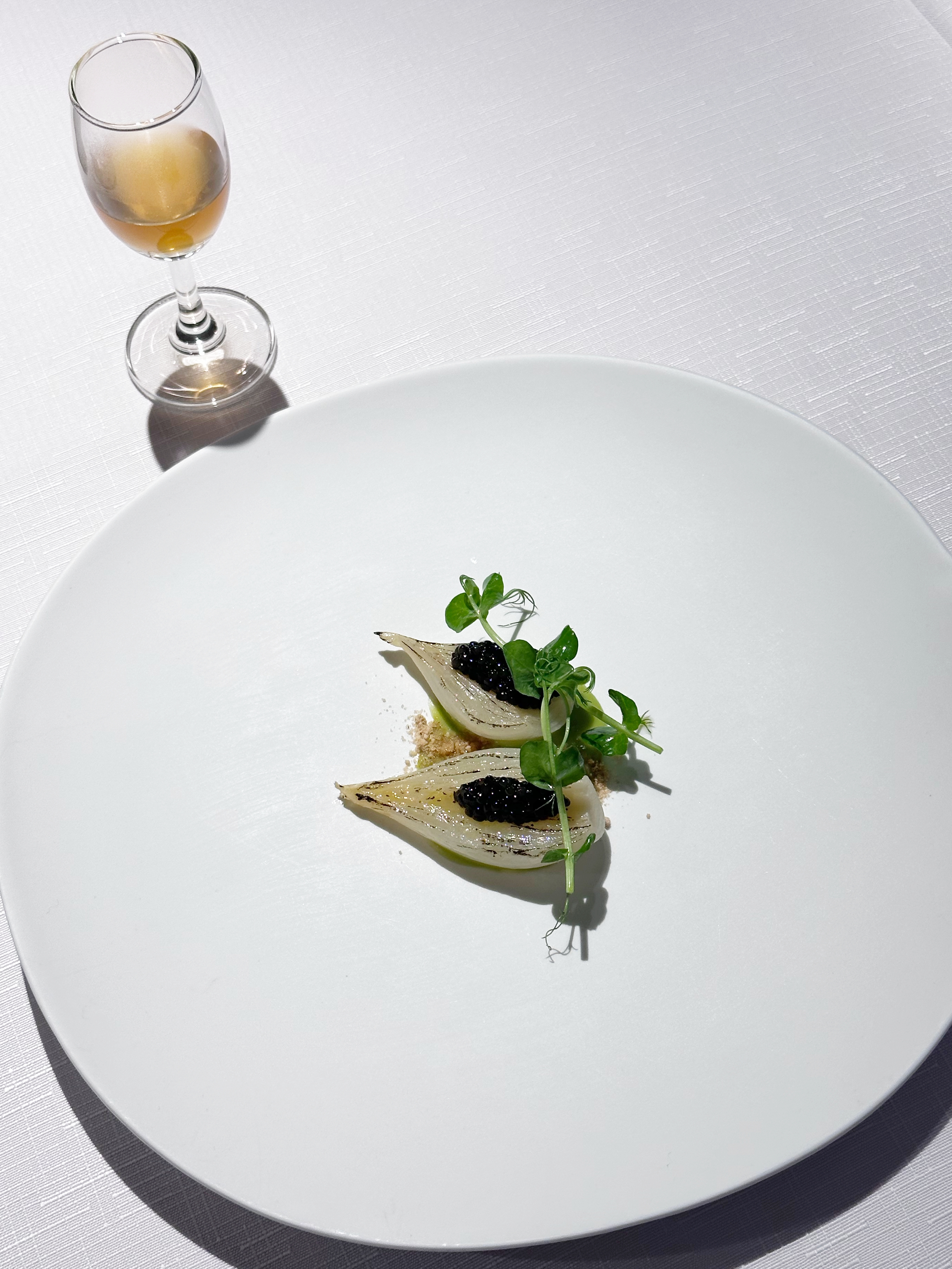 「慢舞洋蔥」搭佐一杯清湯，淡菜、烏賊個別以奶油炒蔬菜及白酒煨煮之後澄清，再將兩種高湯加入些許辣椒與蔬菜提味。