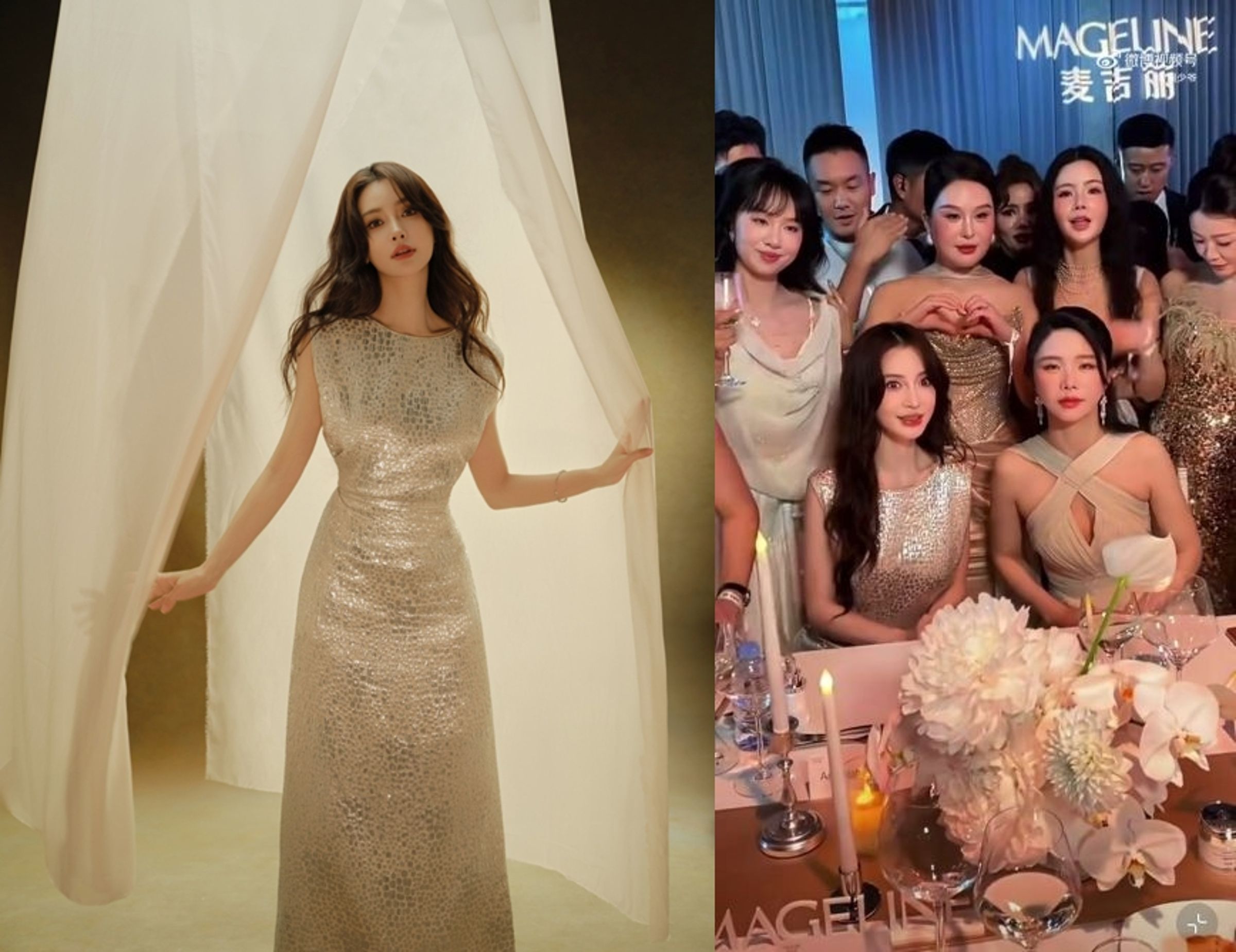 Angelababy身穿Dior高定禮服參加品牌活動，美貌依舊，但被網紅及微商代表圍繞當人肉布景板拍照，她的臉上還是閃現一絲尷尬。（楊穎工作室微博／微博圖片）