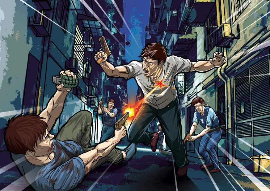 刑警隊長洪旭冒險飛撲壓制，結果不幸遭林博文槍殺身亡。示意畫面。