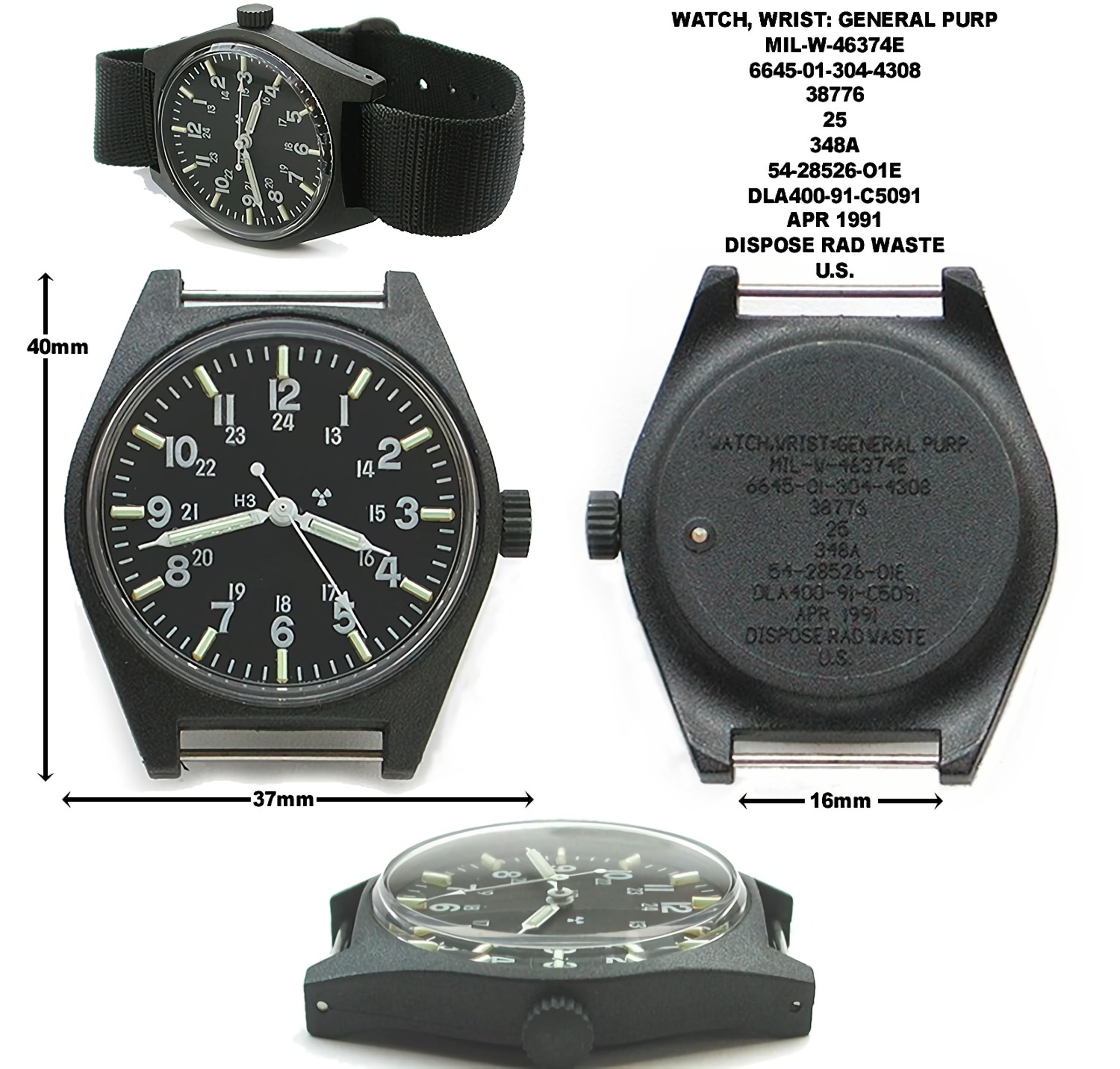 1991 年46374E 軍錶,採用自發光氚氣燈管與石英機芯,背蓋標示『DISPOSE RAD WASTE』,代表含放射性元素需依規定回收處理。
