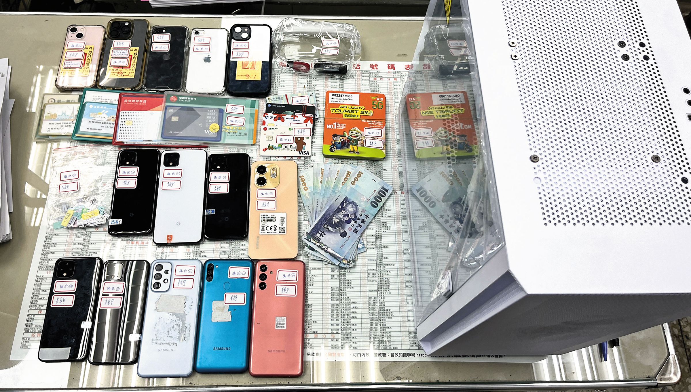 檢警從水房查扣大量手機、漫遊門號及泰國當地銀行存摺，發現該集團已洗錢超過200億元。（翻攝畫面）
