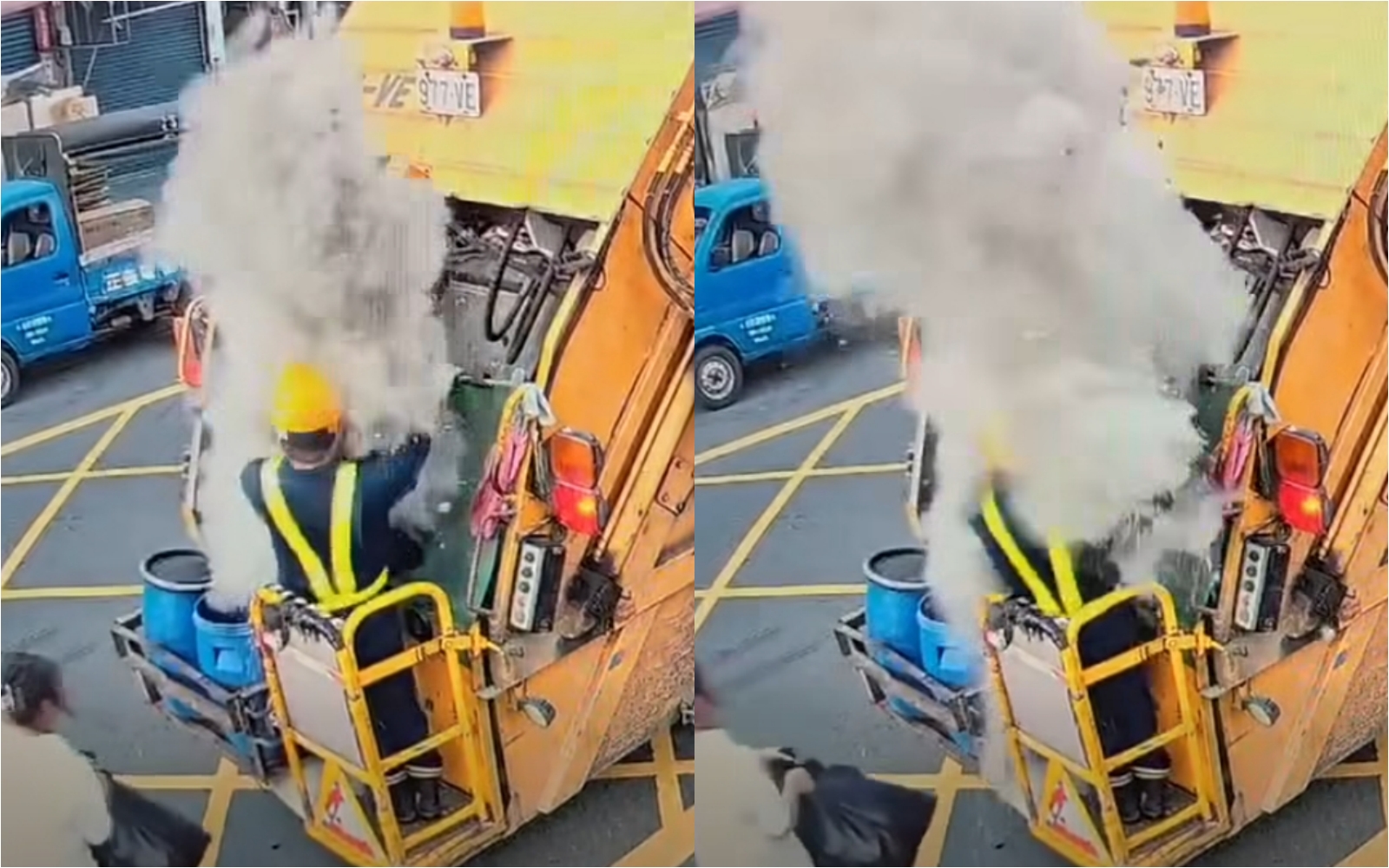 草屯一名清潔員在收運垃圾期間，因某民眾投入的香灰垃圾被擠壓爆炸，遭粉塵吞噬全身。（翻社自爆料公社）