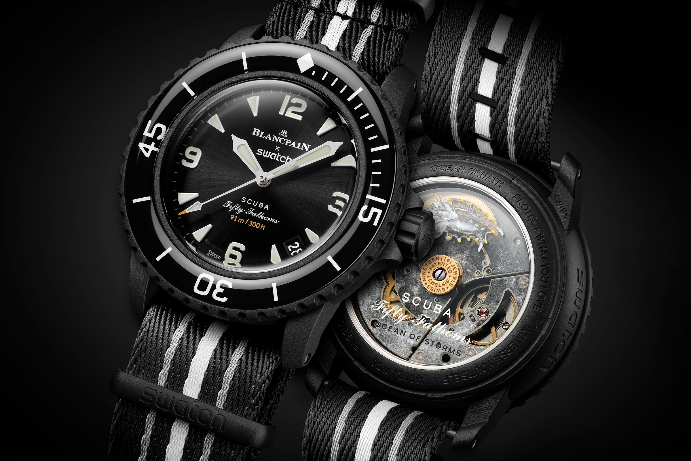 BLANCPAIN X SWATCH的Bioceramic Scuba Fifty Fathoms 系列第六款作品登場，是全黑的「OCEAN OF STORMS」。定價NT$13,000。