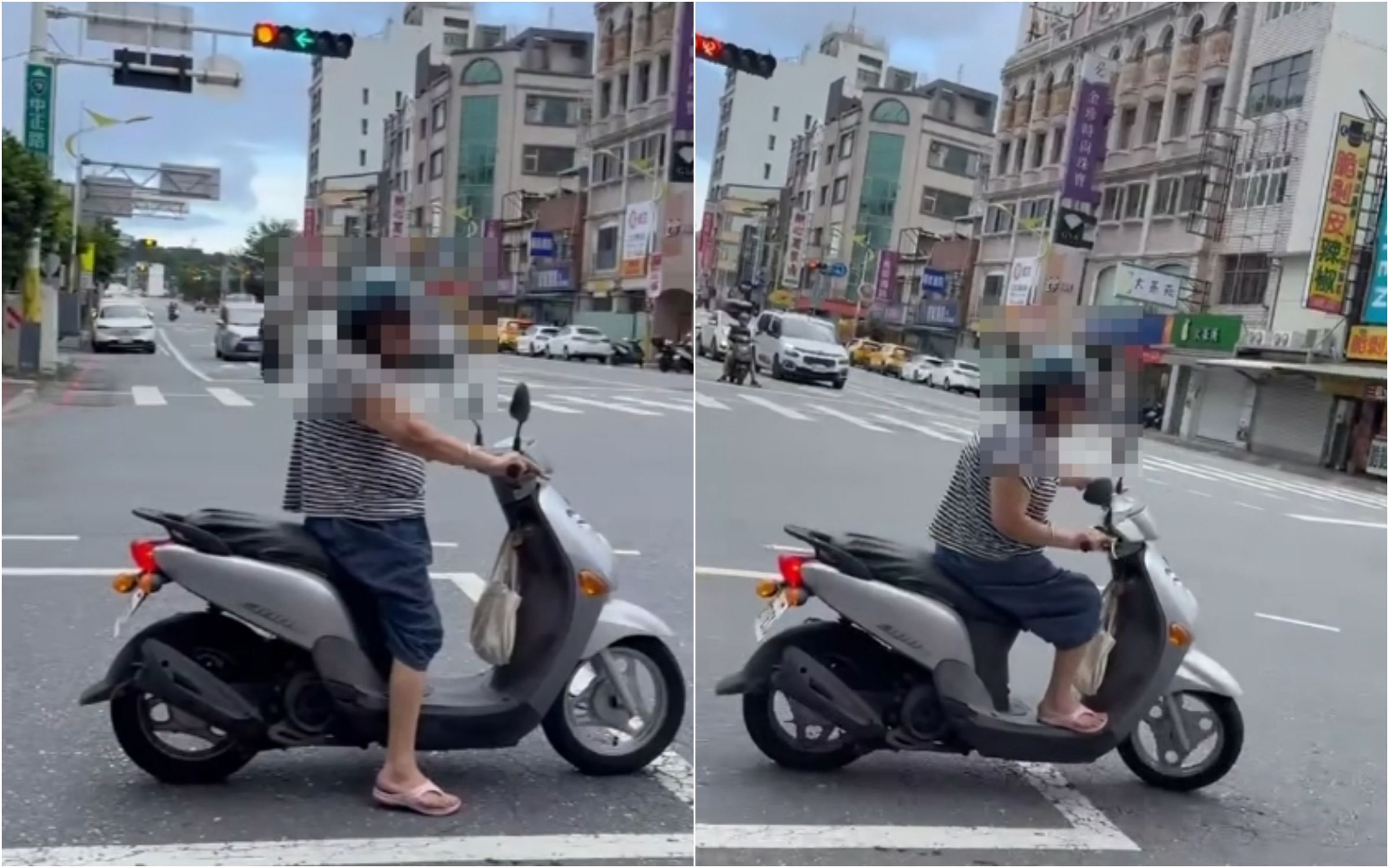一名婦人騎車經過傅崐萁的罷免志工時,怒比倒讚嗆聲,結果沒有注意路況而撞車倒地。(翻攝自花蓮新世代青年聯盟 曙光計劃臉書)