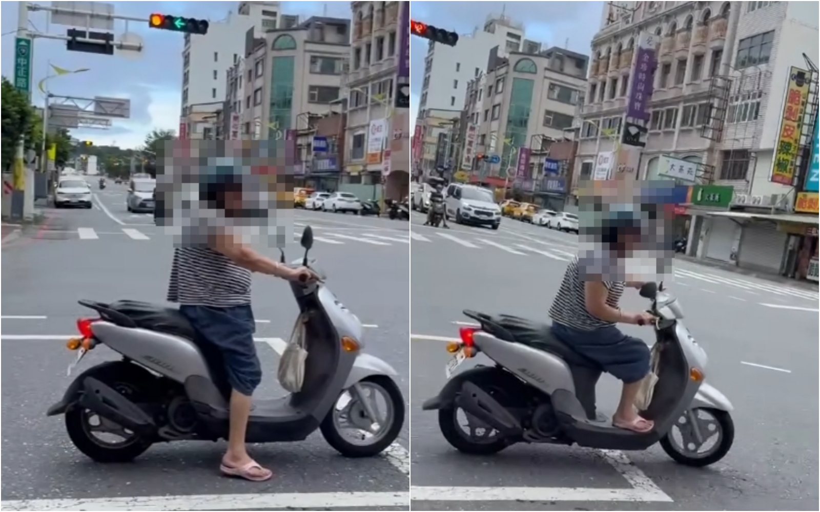 一名婦人騎車經過傅崐萁的罷免志工時,怒比倒讚嗆聲,結果沒有注意路況而撞車倒地。(翻攝自花蓮新世代青年聯盟 曙光計劃臉書)