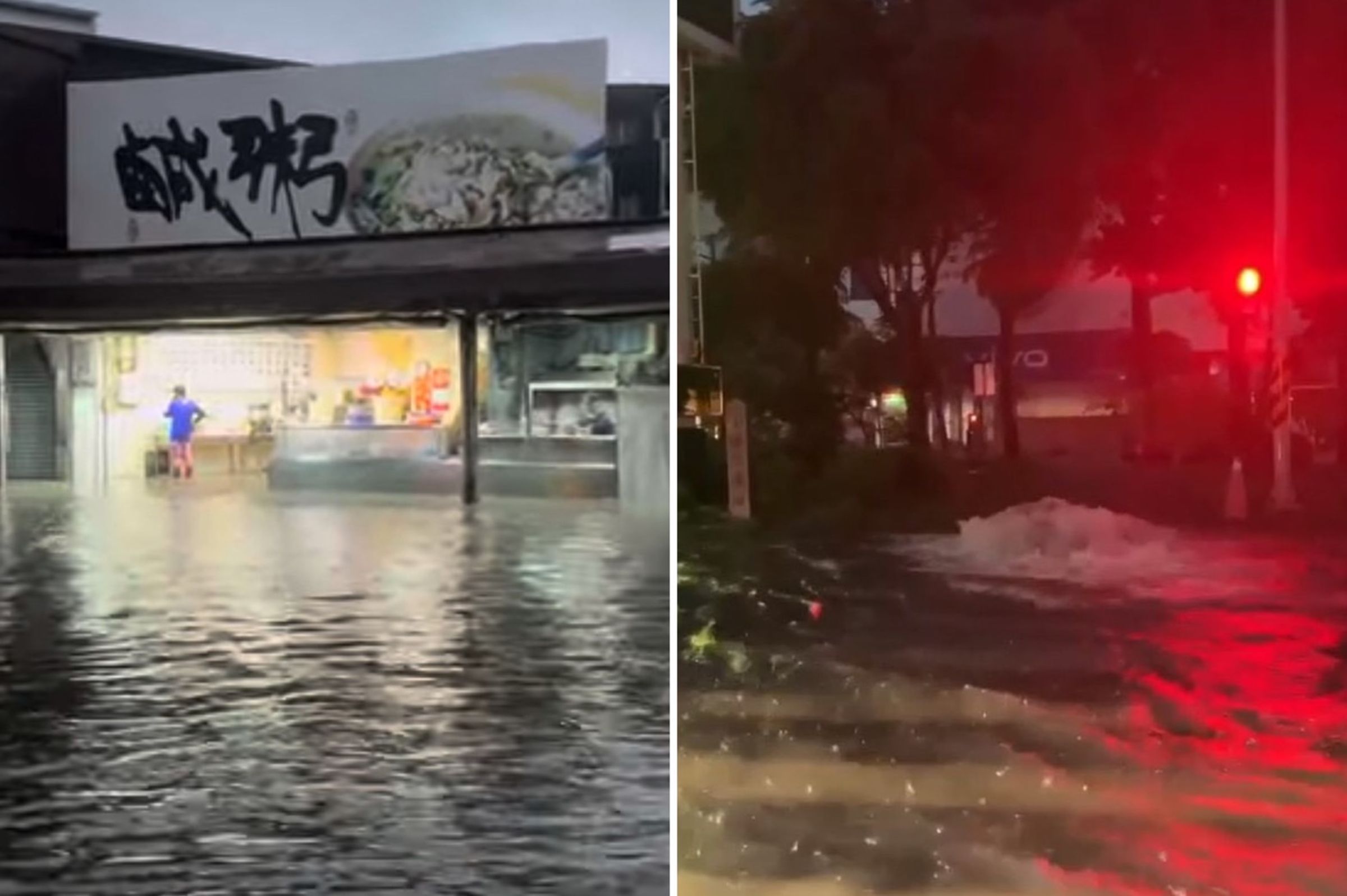 台南各地爆淹水災情名店，「阿堂鹹粥」（左圖）也淹水。（翻攝記者爆料網）