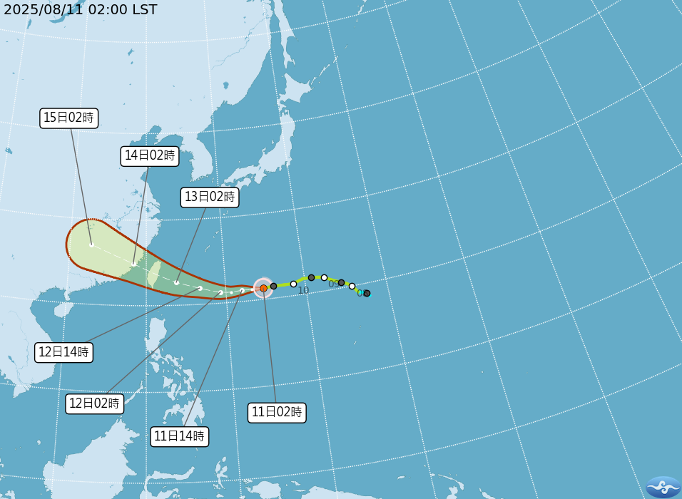 輕度颱風「楊柳」持續向西前進，其路徑不排除成為「穿心颱」。（中央氣象署提供）