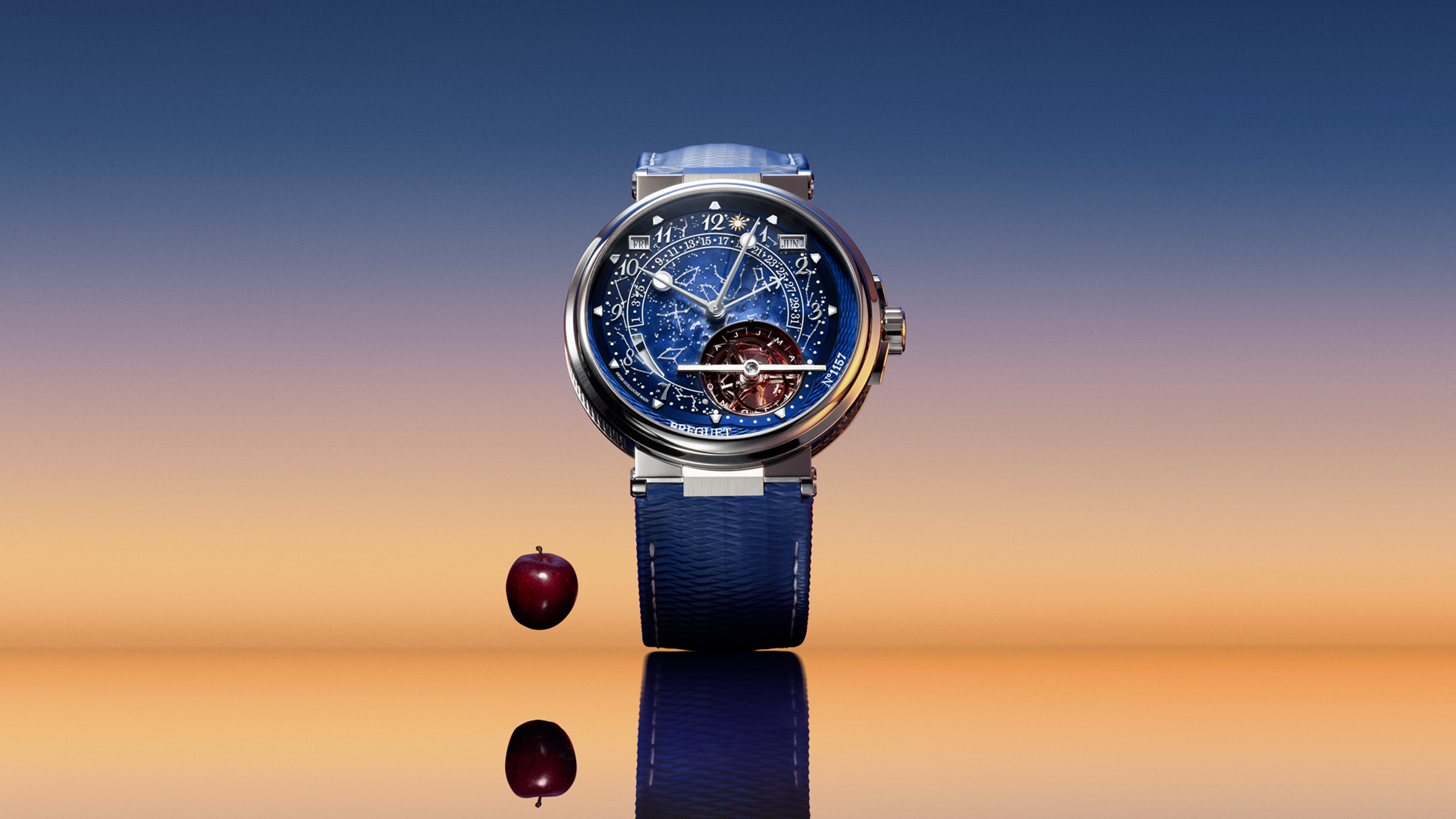 Marine Tourbillon Equation Marchante 5887面盤以手工微繪畫出獲得陀飛輪專利的1801年6月26日當天的夜空景象。
