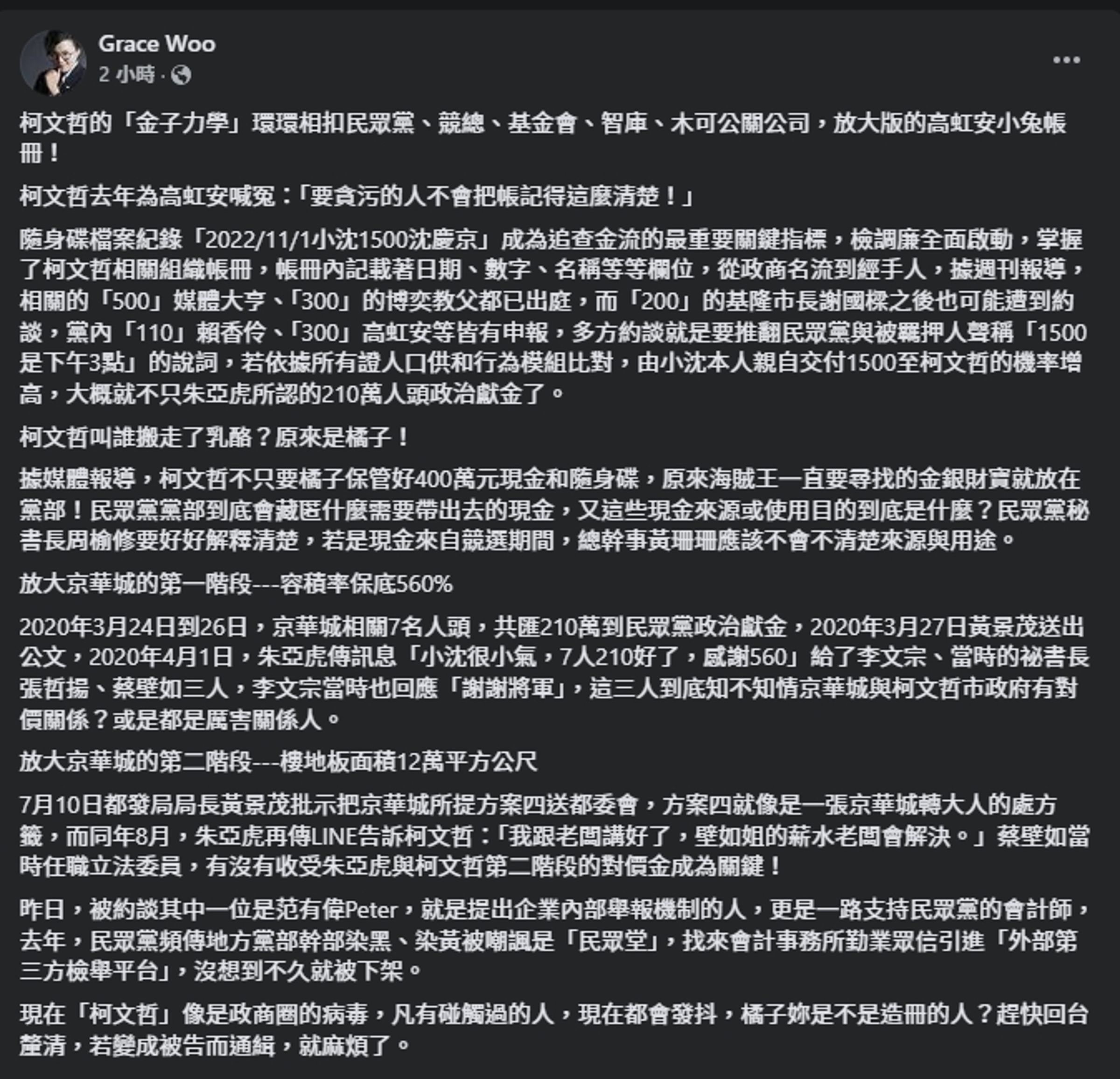 吳靜怡酸柯的「金子力學」宛如放大版的遭停職新竹市長高虹安小兔帳冊!(翻攝自臉書@Grace Woo)