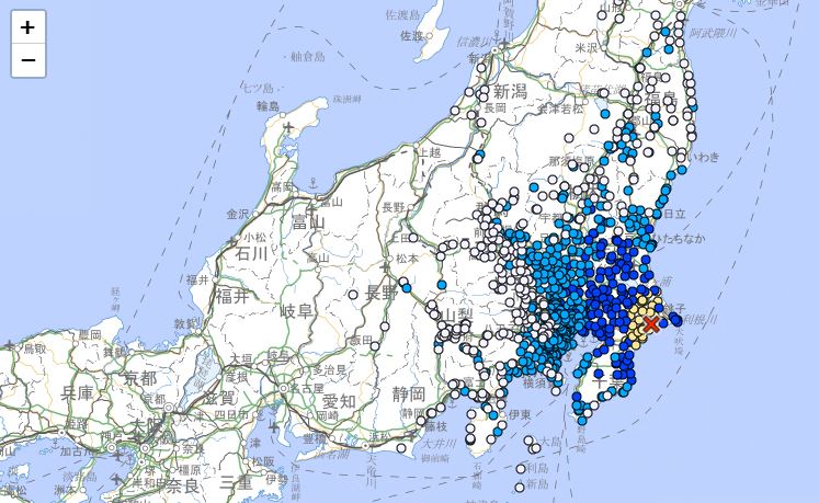 日本關東地區今下午1點11分左右發生芮氏規模5.8地震。（氣象廳提供）