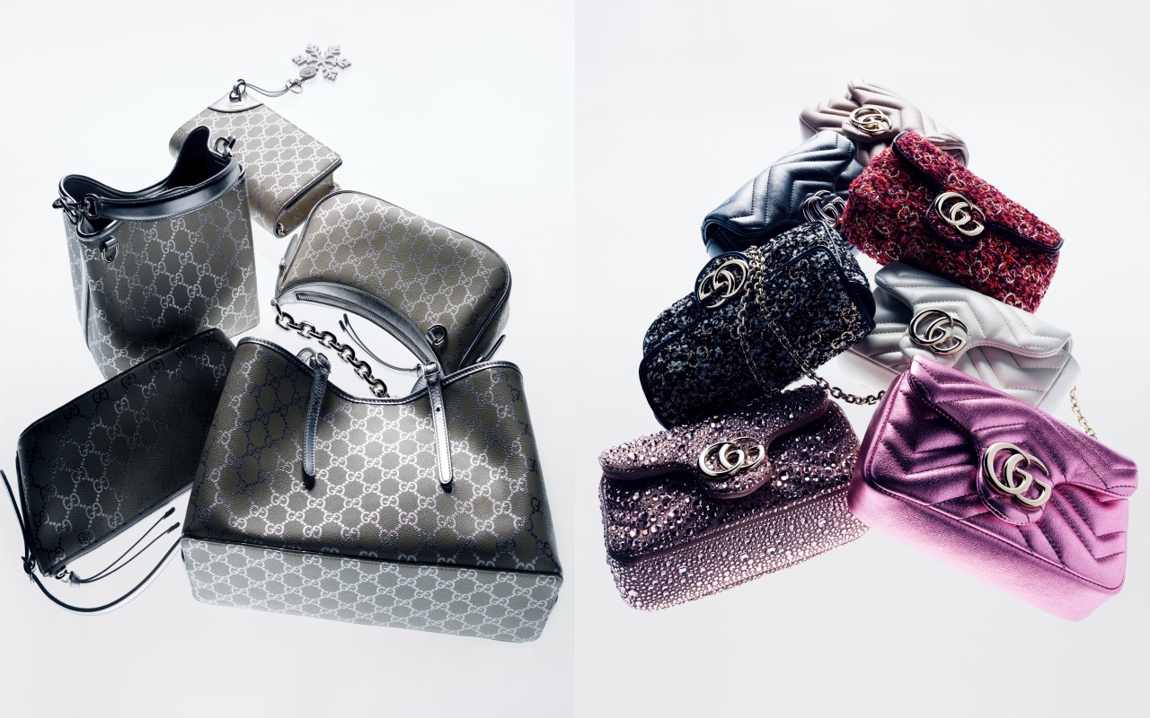 GUCCI Gift假日禮讚系列是以溫暖紅色調與閃耀銀色調結合水鑽所呈現的節慶單品。（古馳提供）