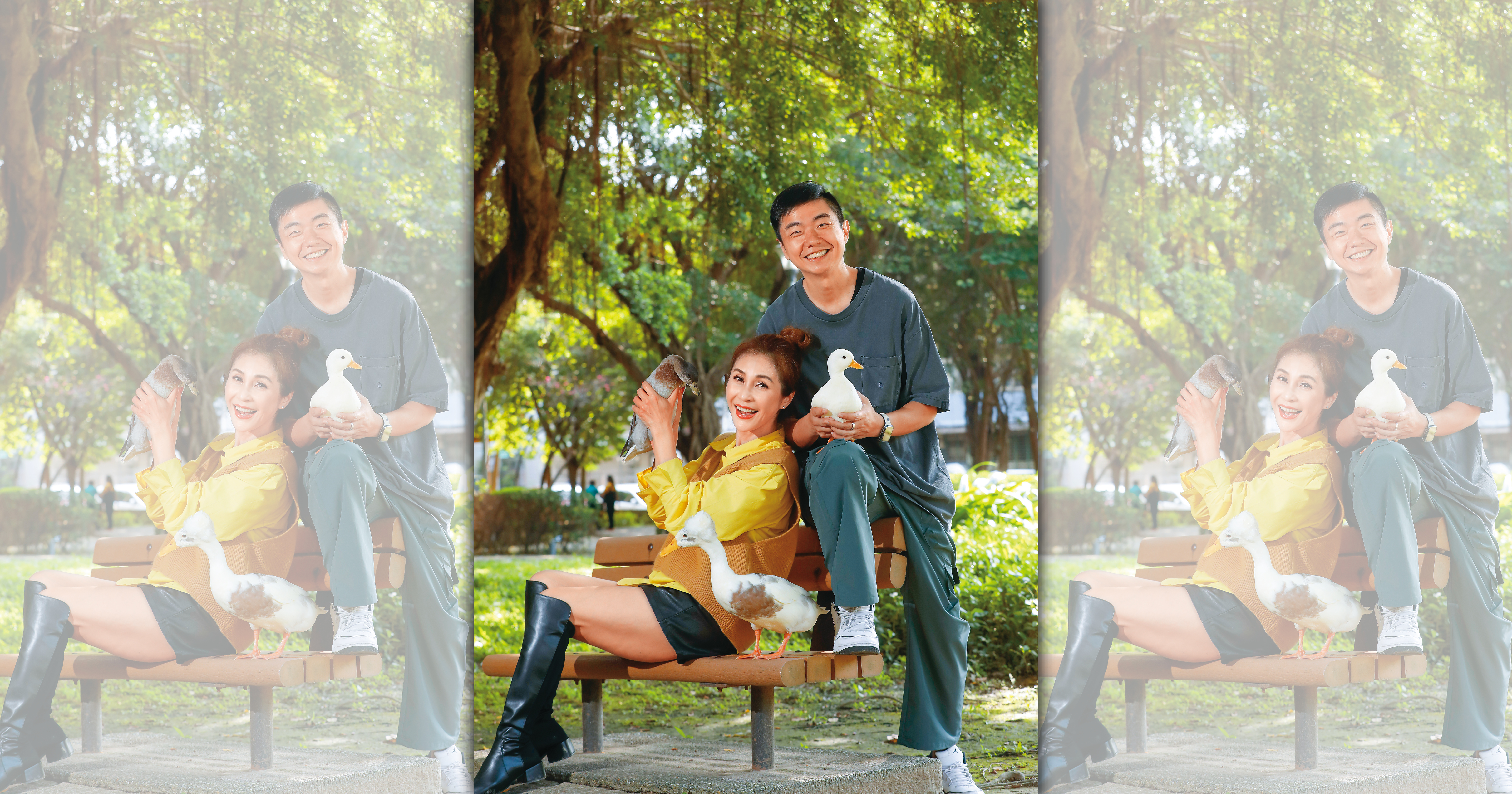 梁佑南（左）帶著3隻寵物鴨來跟熊爸（右）見面，3隻鴨也乖乖一起拍照。