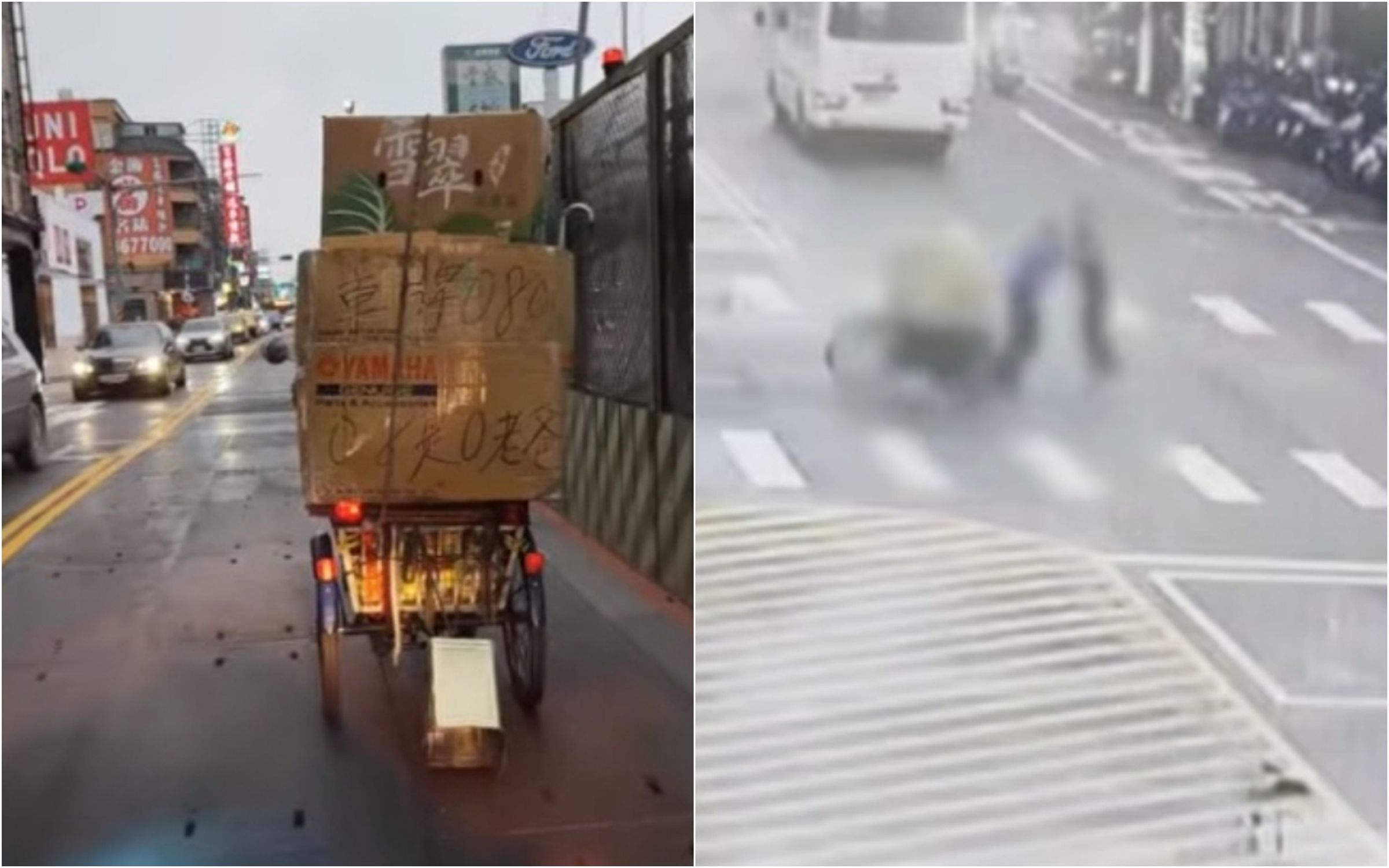 桃園八德「擋車哥」(左)時常騎三輪車和其他車輛發生衝突,27日下午有一名轎車駕駛忍不住下車與他互毆。(翻攝畫面)