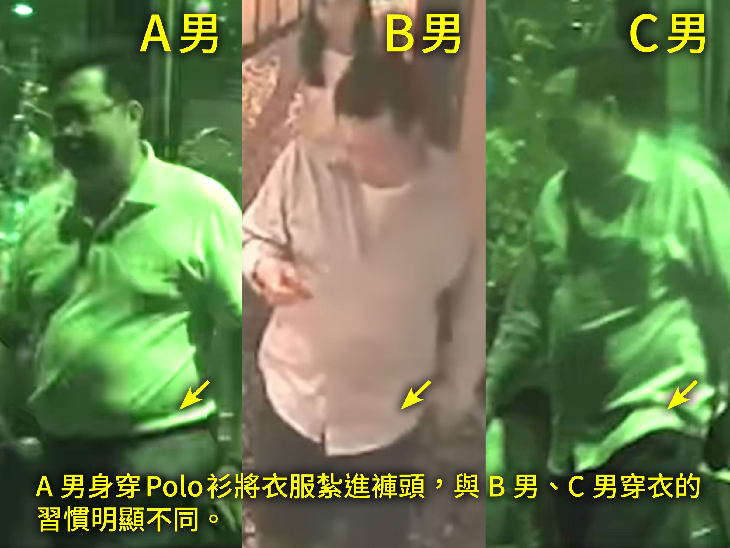 A、B、C三男穿衣習慣不同,應非同一人。
