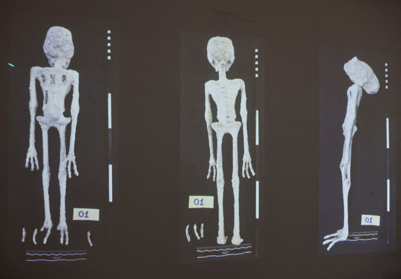 秘魯法醫等單位鑑定機場查扣的「外星人木乃伊」並非真的外星人，只是人骨、獸骨等物人工合成。（翻攝X@CGTNOfficial）