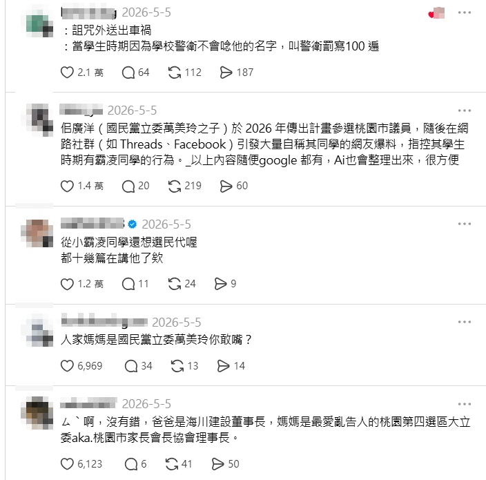 佀廣洋在社群屢屢被爆出過去霸凌同學。（翻攝自Threads）