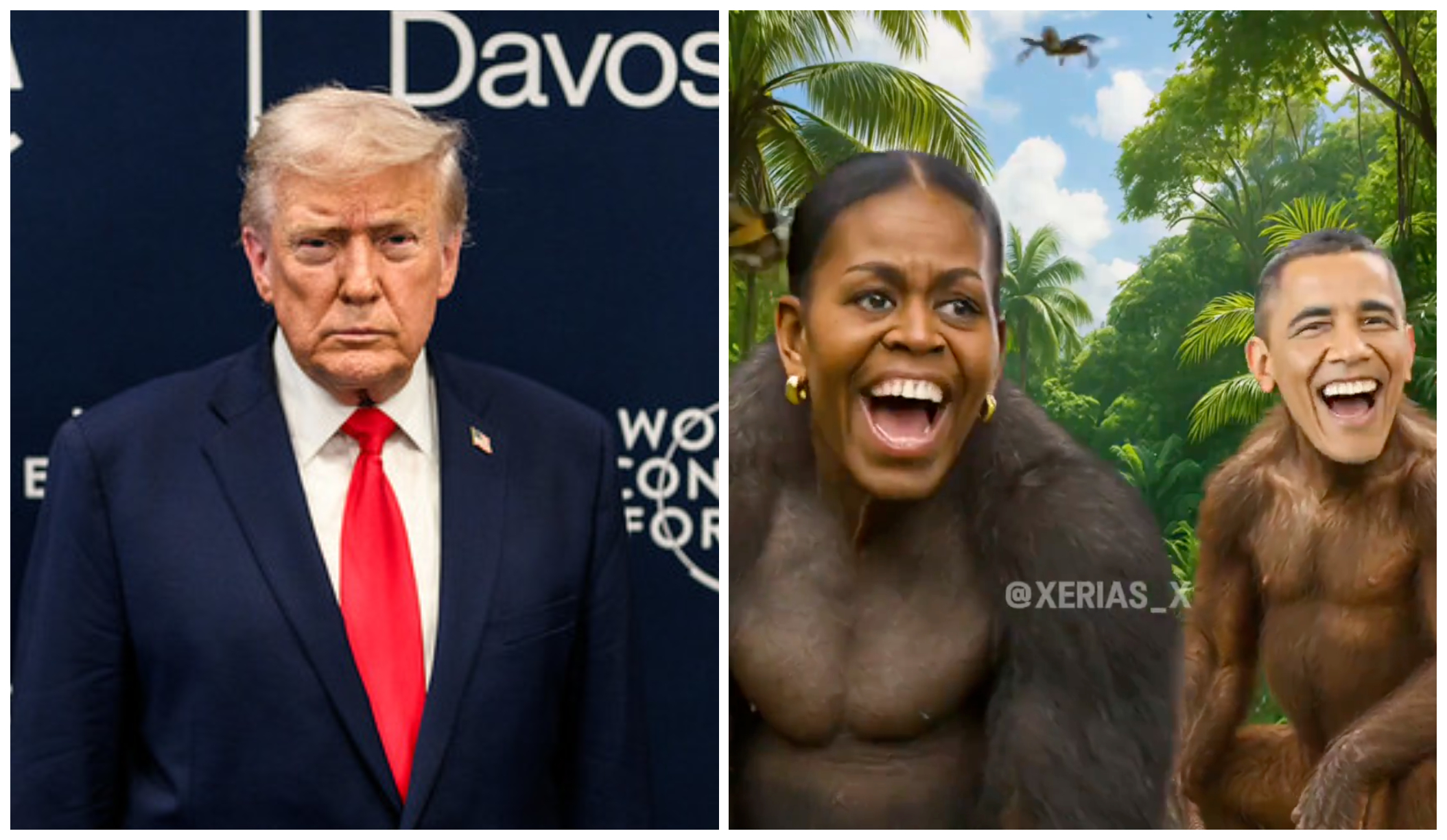 川普轉發「把歐巴馬夫妻化作成猴子」的影片，挨轟種族歧視。（翻攝The White House Flickr／Truth Social）