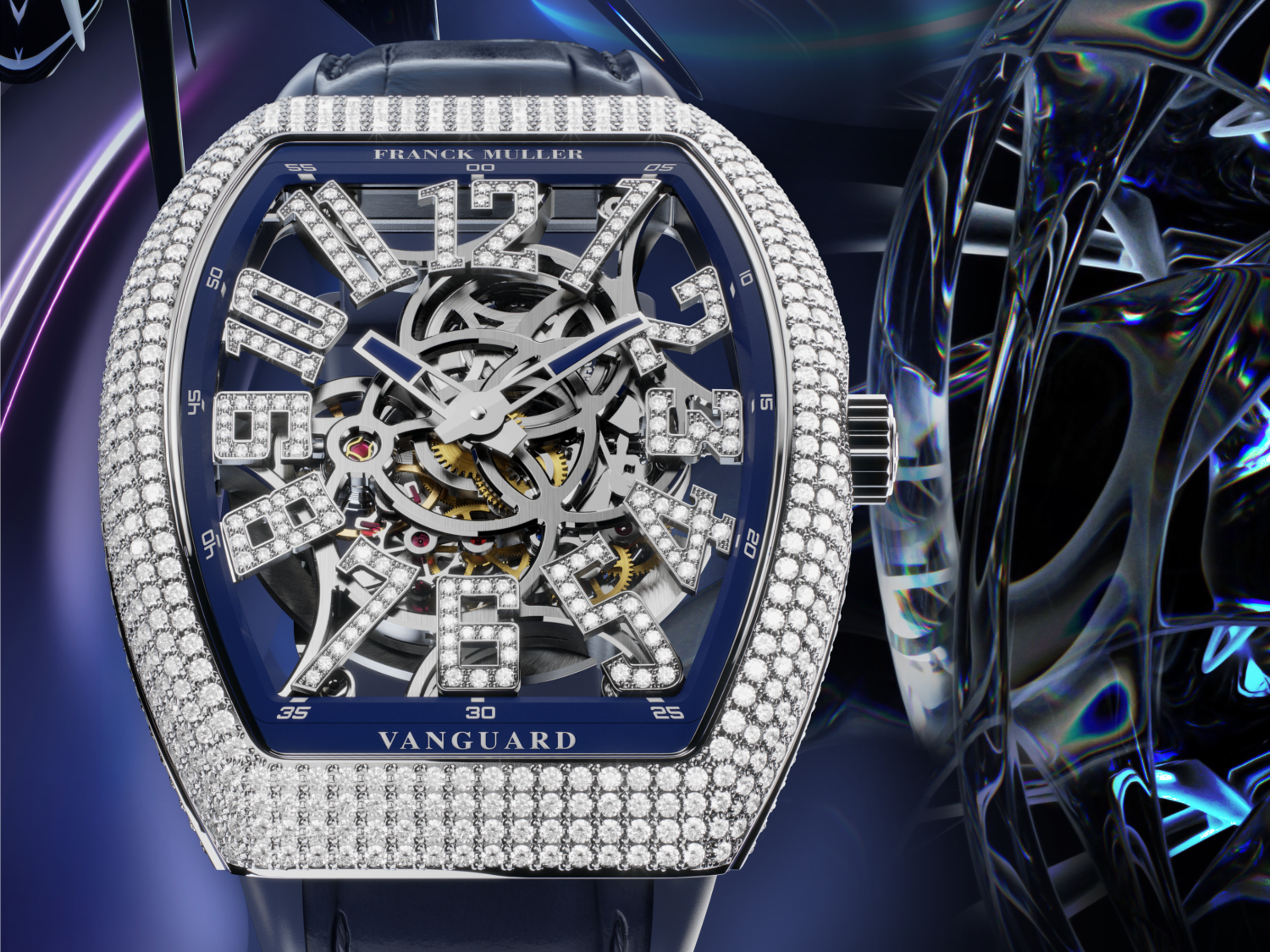FRANCK MULLER 發表其第一枚結合「超薄」、「鏤空」與「自動上鏈」的自製機芯,推出Vanguard Slim Skeleton 超薄鏤空鑲鑽腕錶。功能:時、分指示;機芯:自動上鏈機芯;定價:約NT$2,636,000(41mm);NT$2,231,000(37mm)