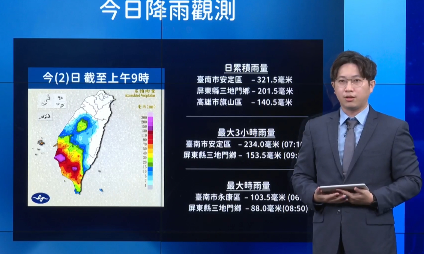 西南氣流豪雨,南台灣觀測到驚人時雨量。(翻攝自報天氣 - 中央氣象署)
