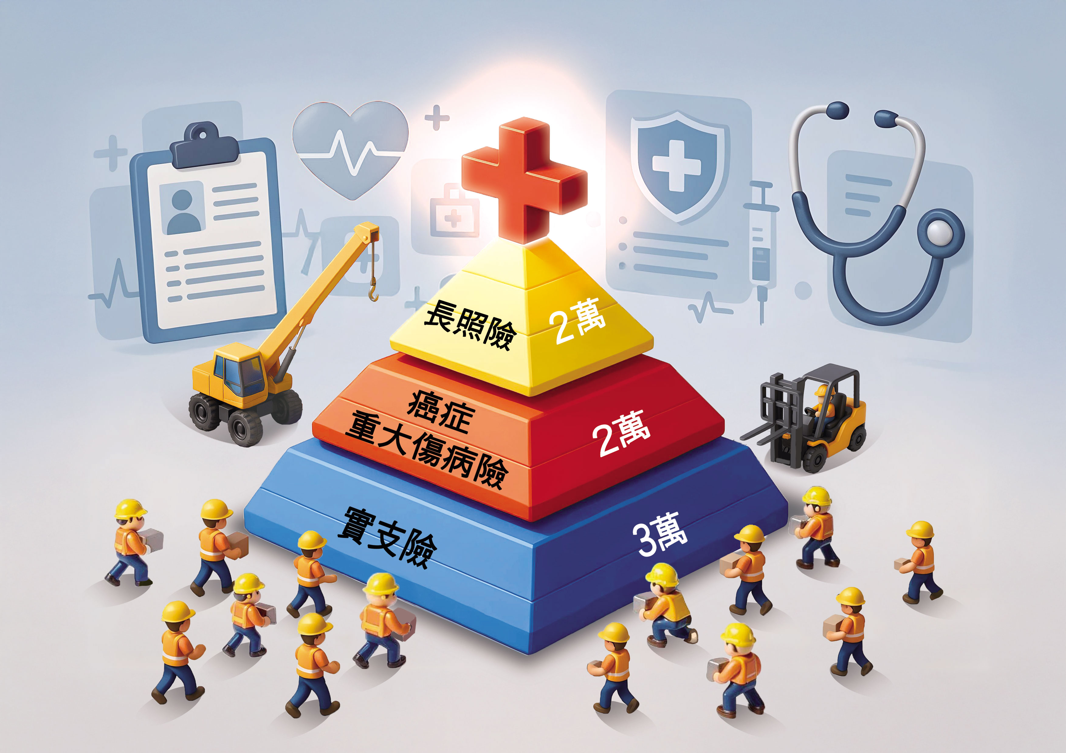 醫療大通膨來襲，花3萬元能做好基本醫療保障，如果預算拉高到7萬元，則能含括癌症及長照險。（AI繪圖Adobe Firefly生成，本刊美術組後製）