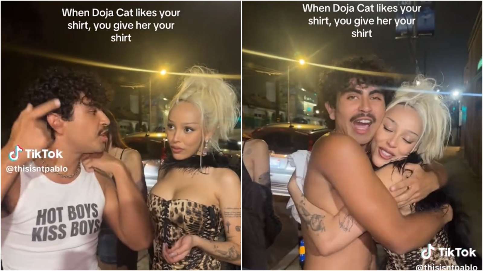 蜜桃貓朵佳和帕布洛互動時看起來並無異狀，但事後卻發文批對方不知道自己的名字還碰觸她的身體。（翻攝自TikTok）